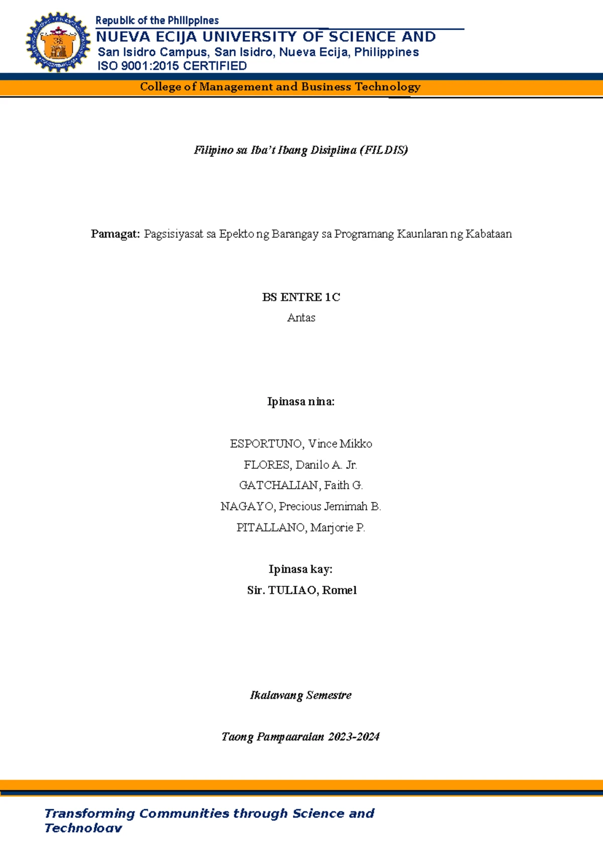 NUEVA ECIJA UNIVERSITY OF SCIENCE AND TECHNOLOGY: Chapter 1 - The ...