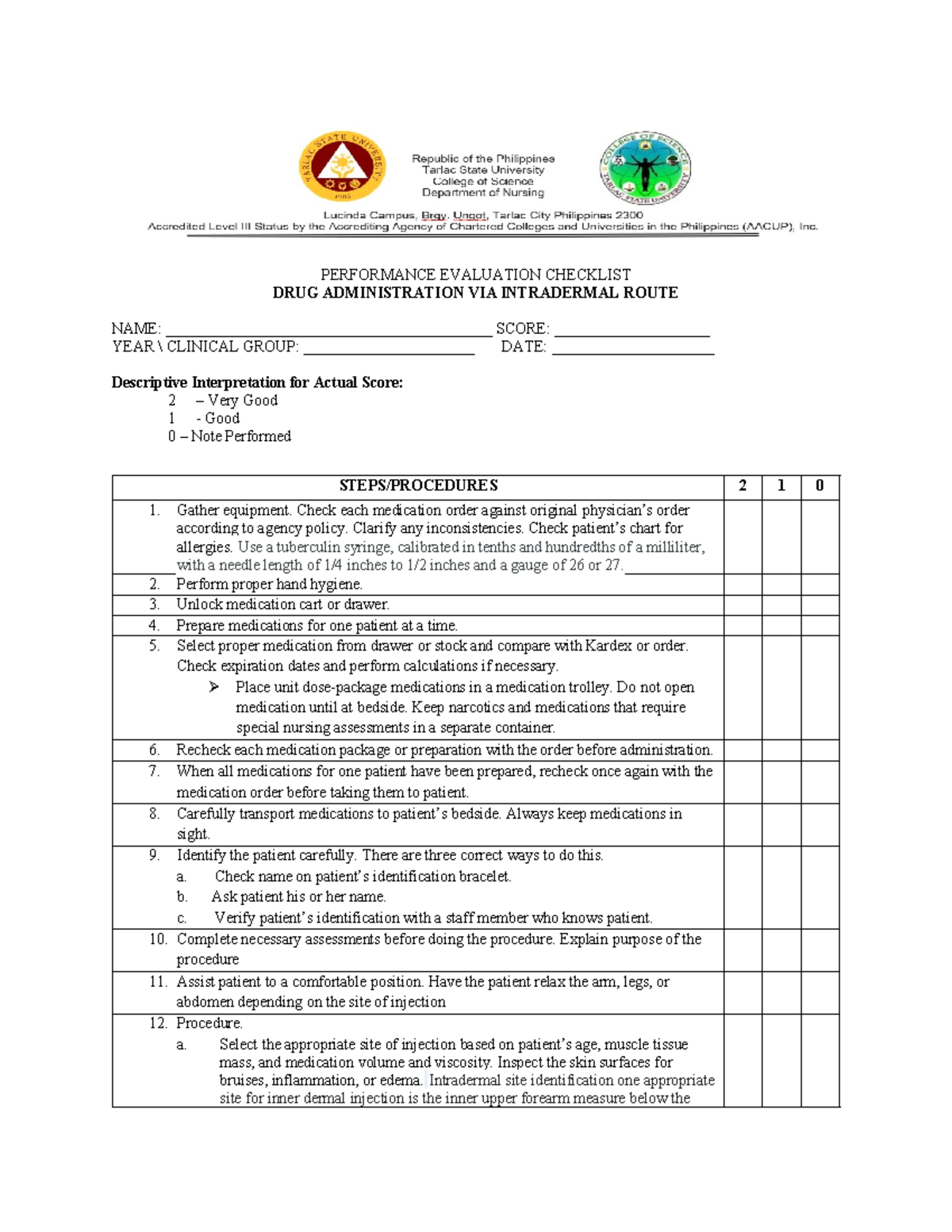 Intradermal - Route- Performance- Evaluation- Checklist - PERFORMANCE ...