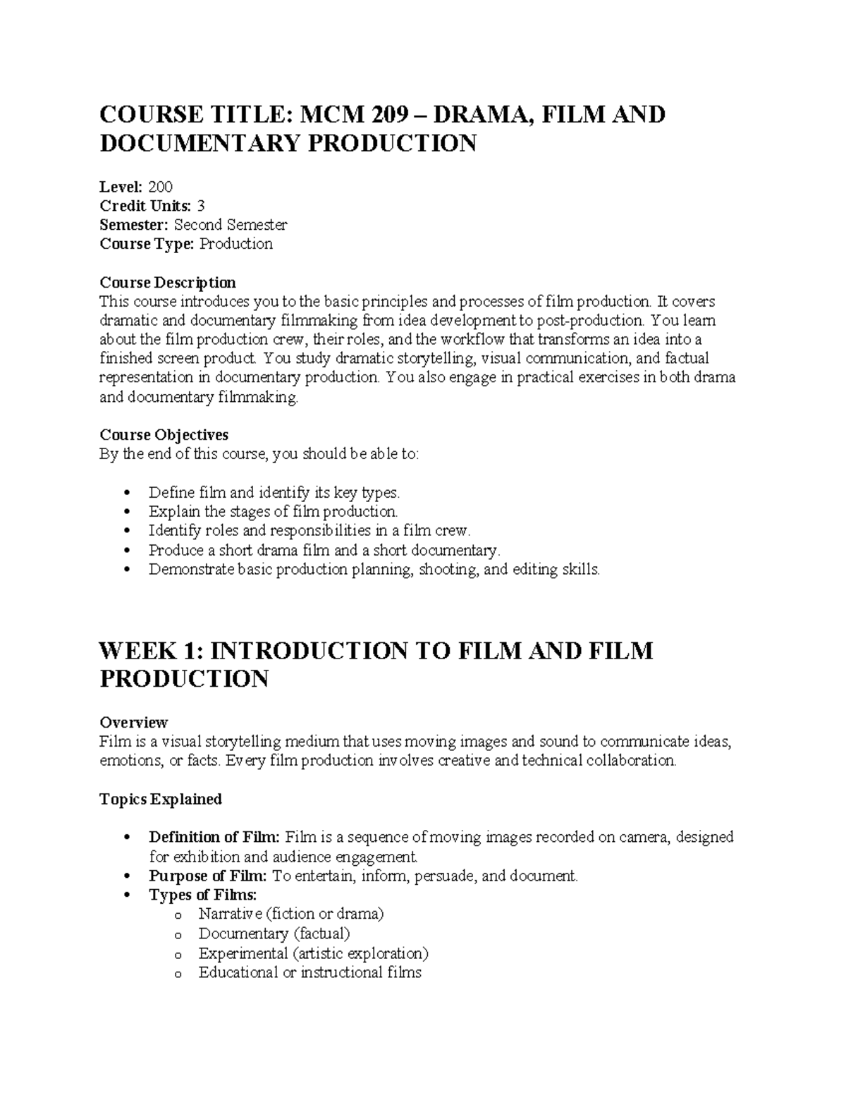 MCM 209: Drama, Film & Documentary Production Course Overview - Studocu