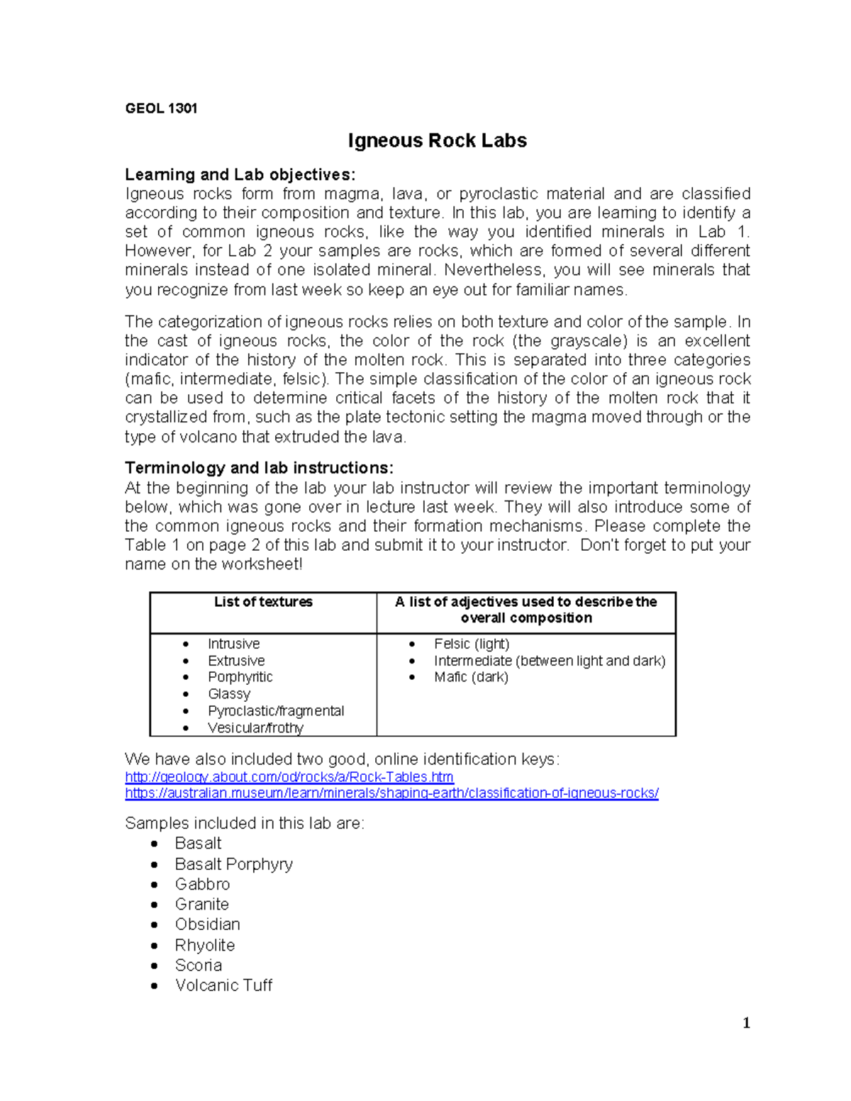 GEOL 1301 - Lab 02 - Final Exam on Identifying Igneous Rocks - Studocu