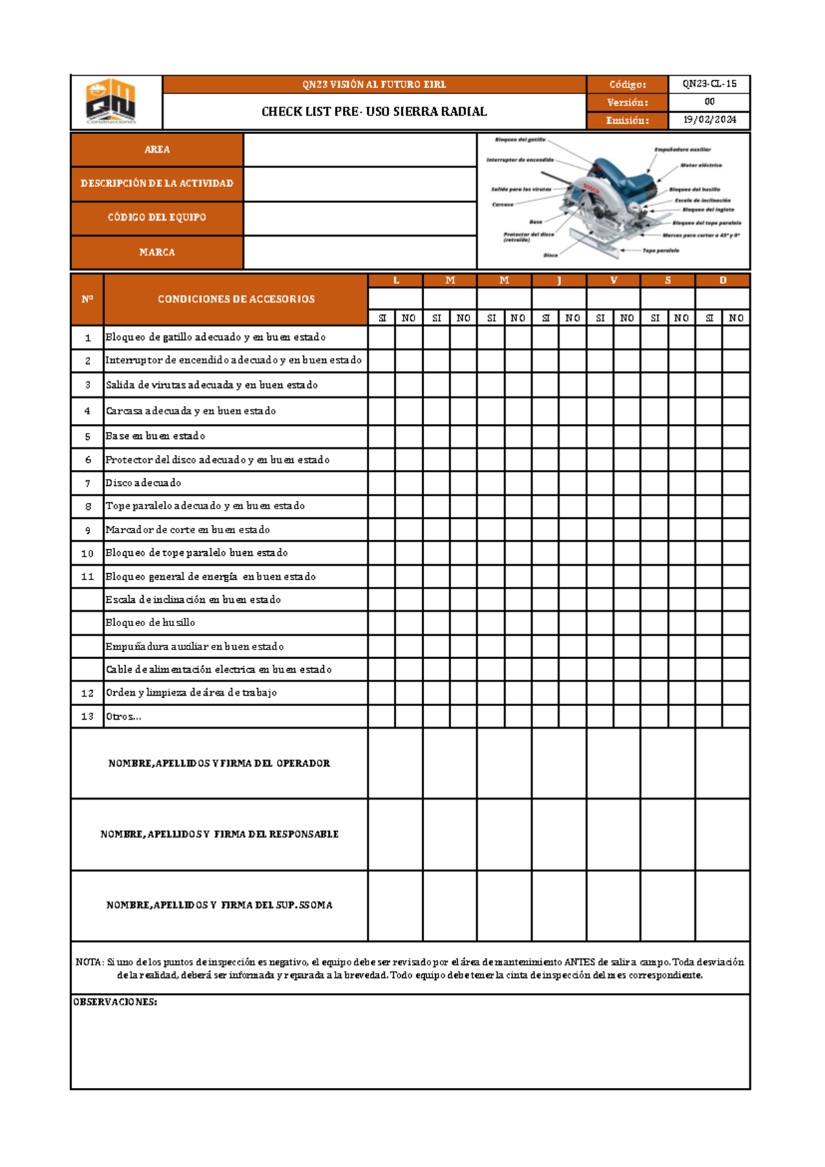 QN23-CL-15 Lista de Verificación Pre Uso para Sierra Radial - Document Preview