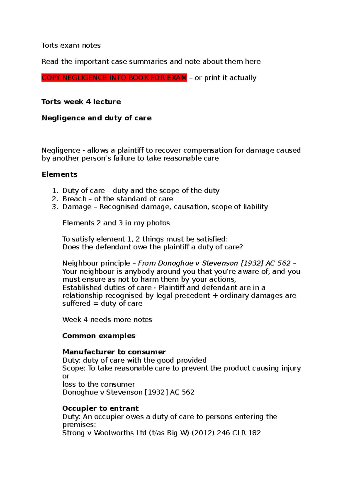 Torts 101: Week 4 Lecture Notes on Negligence & Duty of Care - Studocu