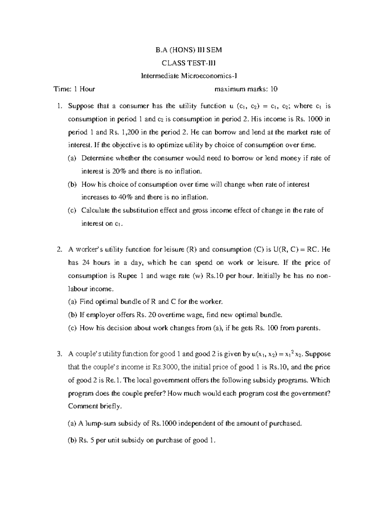 Class Test-III: Intermediate Microeconomics Analysis and Utility ...