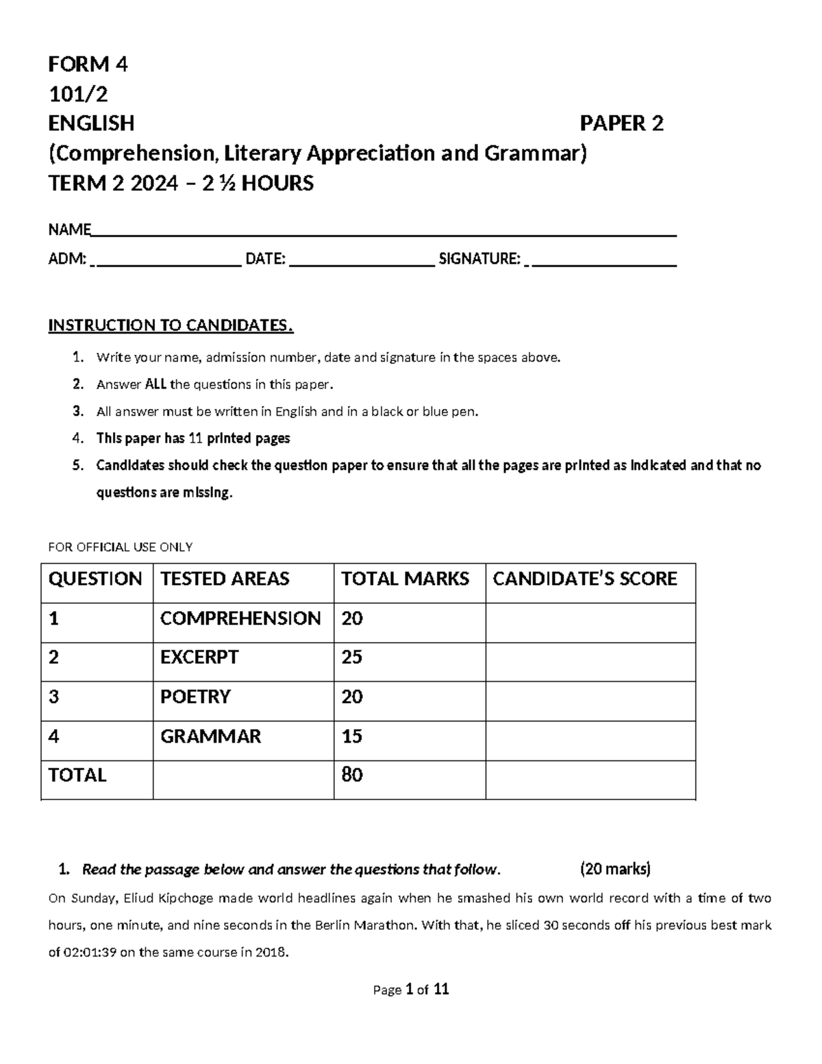 FORM 4 ENGLISH PAPER 2 TERM 2 2024: Comprehension & Literary Analysis ...