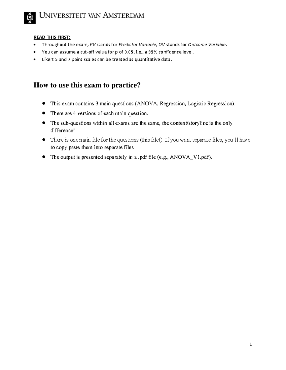 Practice Exam: Advanced Regression & ANOVA Questions (Course Code ...
