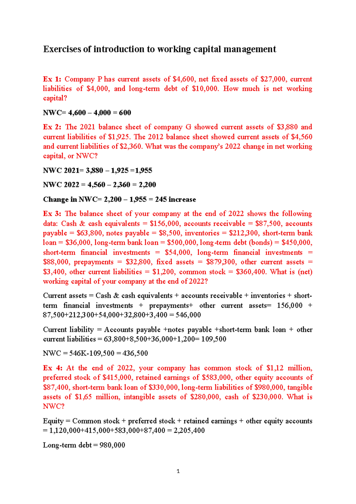 Exercises on Working Capital Management (Course Code: WCM 101) - Studocu