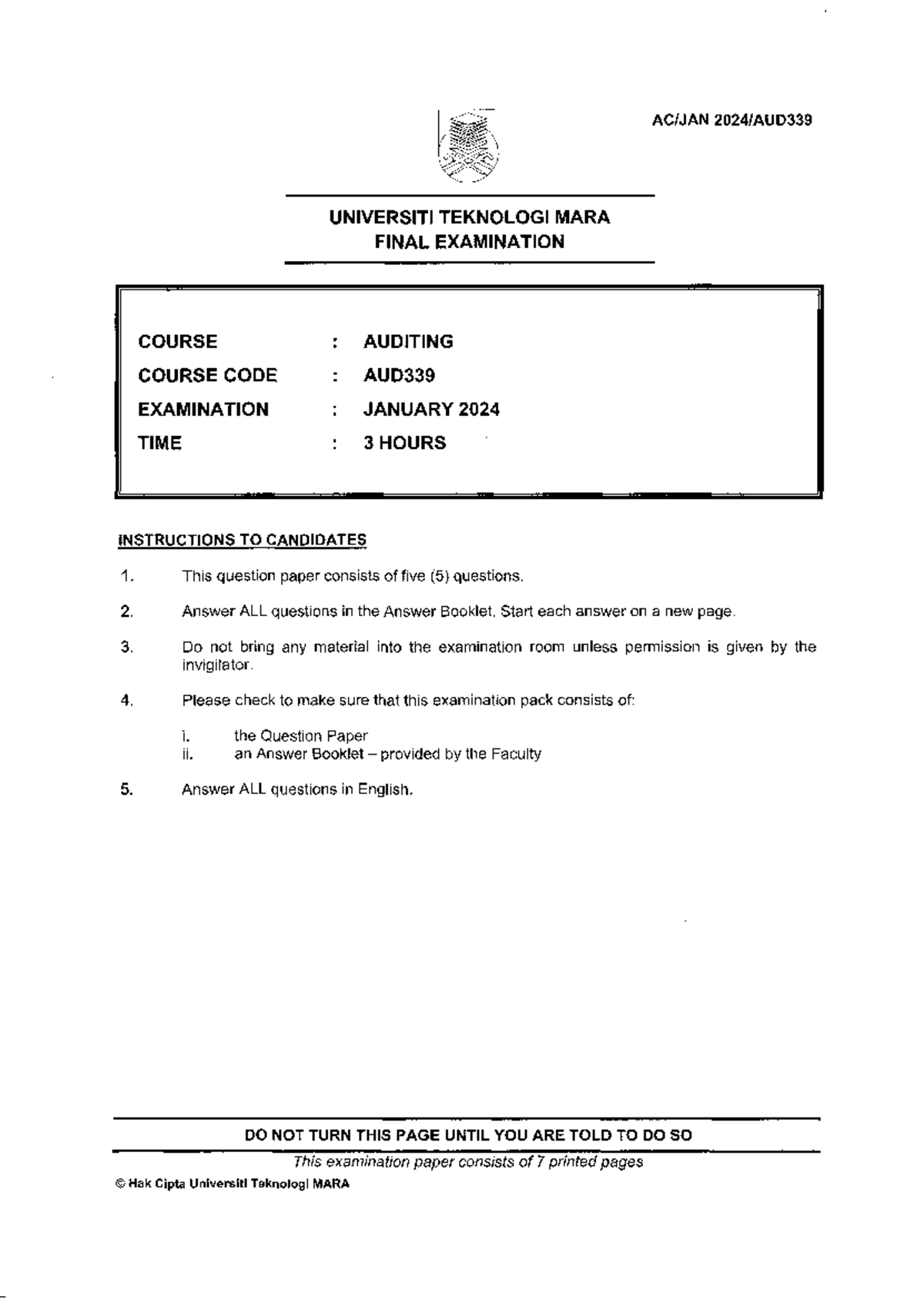 AUD339 Final Exam Past Year Questions - January 2024 - Studocu