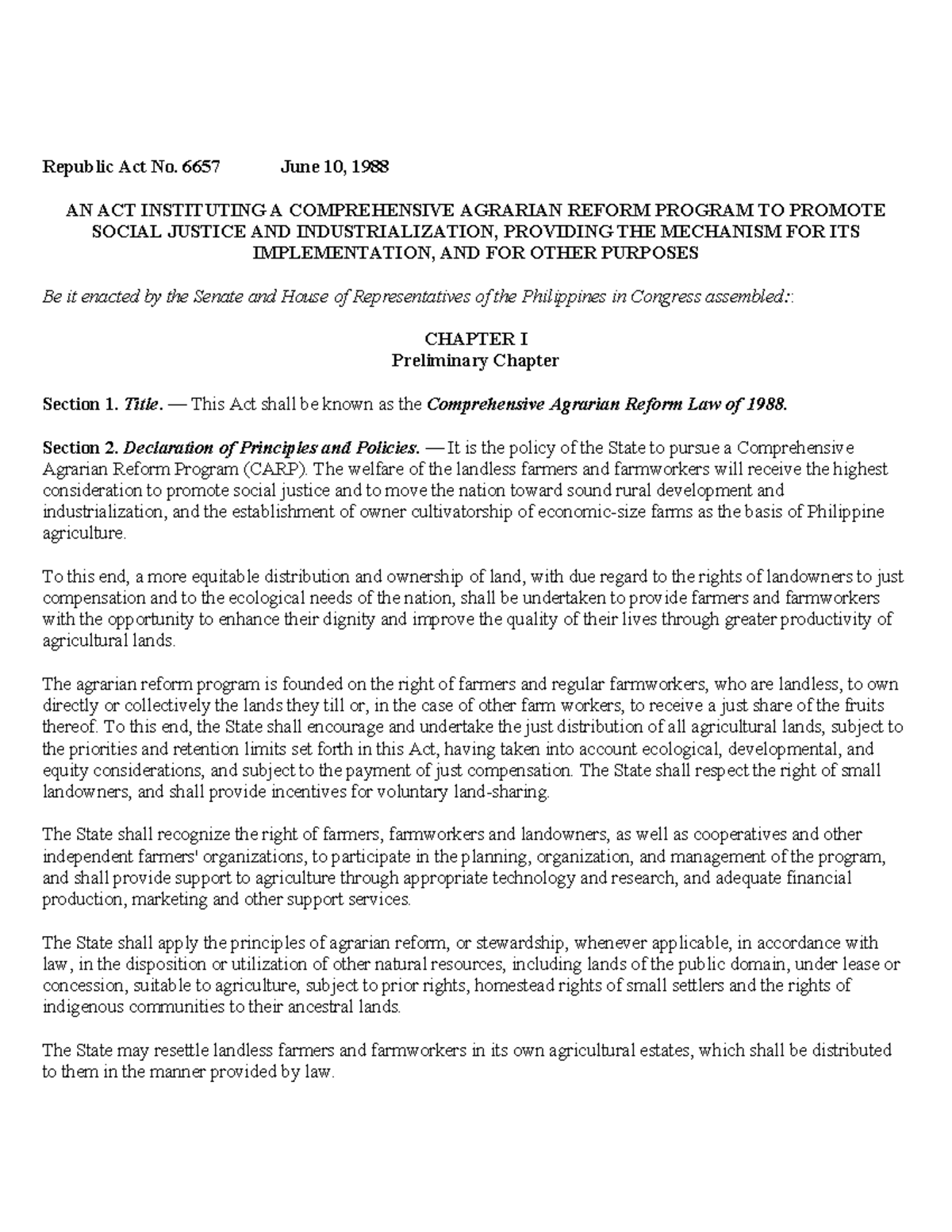 Republic Act No. 6657: Comprehensive Agrarian Reform Law of 1988 - Studocu