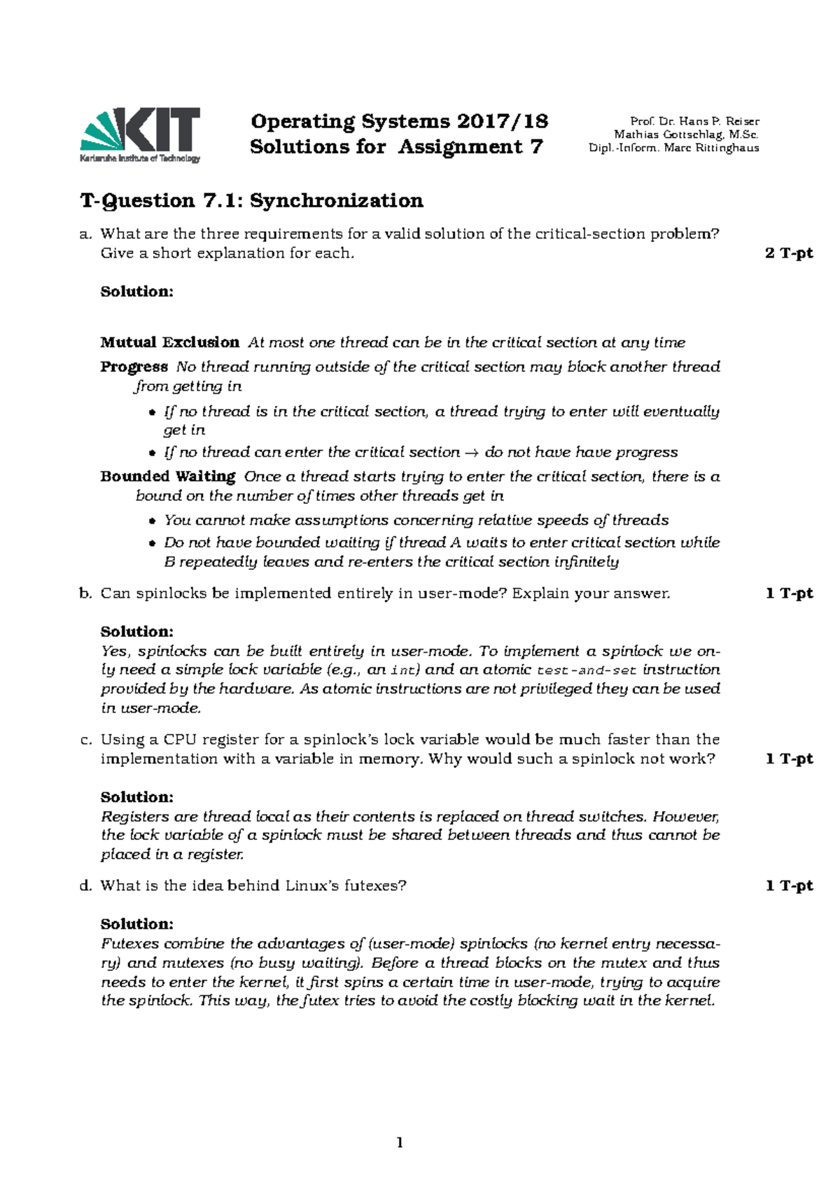 Operating Systems 2017: Solutions for Assignment 07 - Studocu
