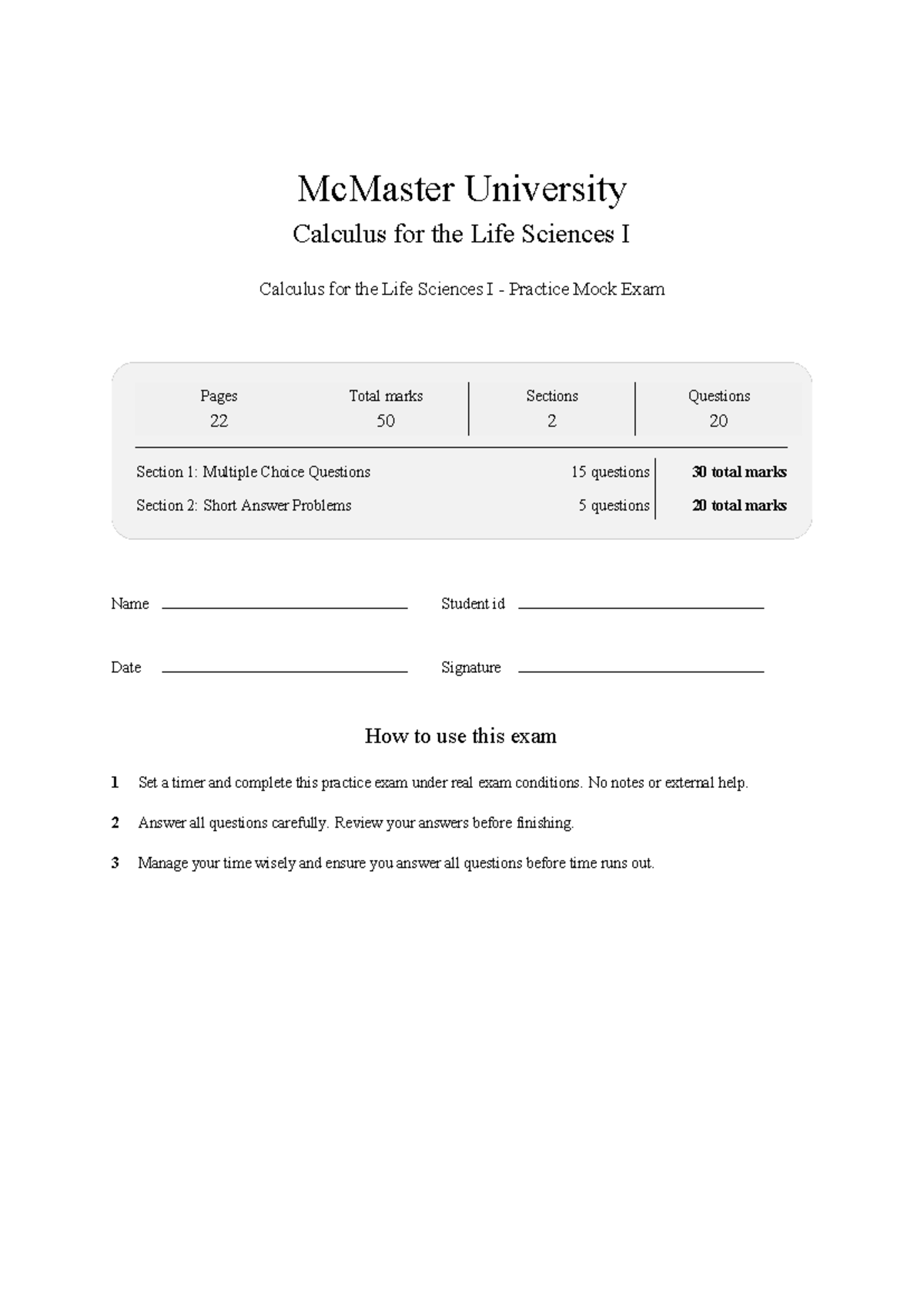 Calculus for the Life Sciences I mock exam 2026 feb - McMaster ...