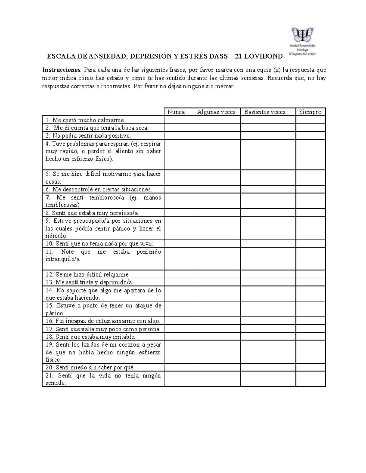 DASS-21: Escala de Ansiedad, Depresión y Estrés - Instrucciones - Studocu