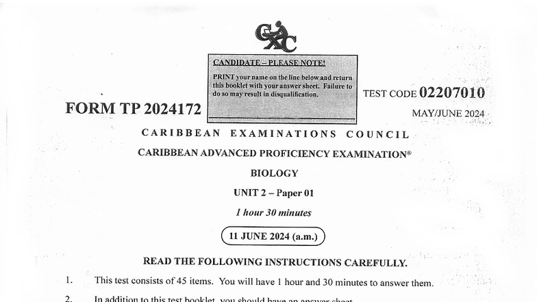 Biology CAPE 2024 Unit 2 Paper 1 Instructions and Test Items - Studocu