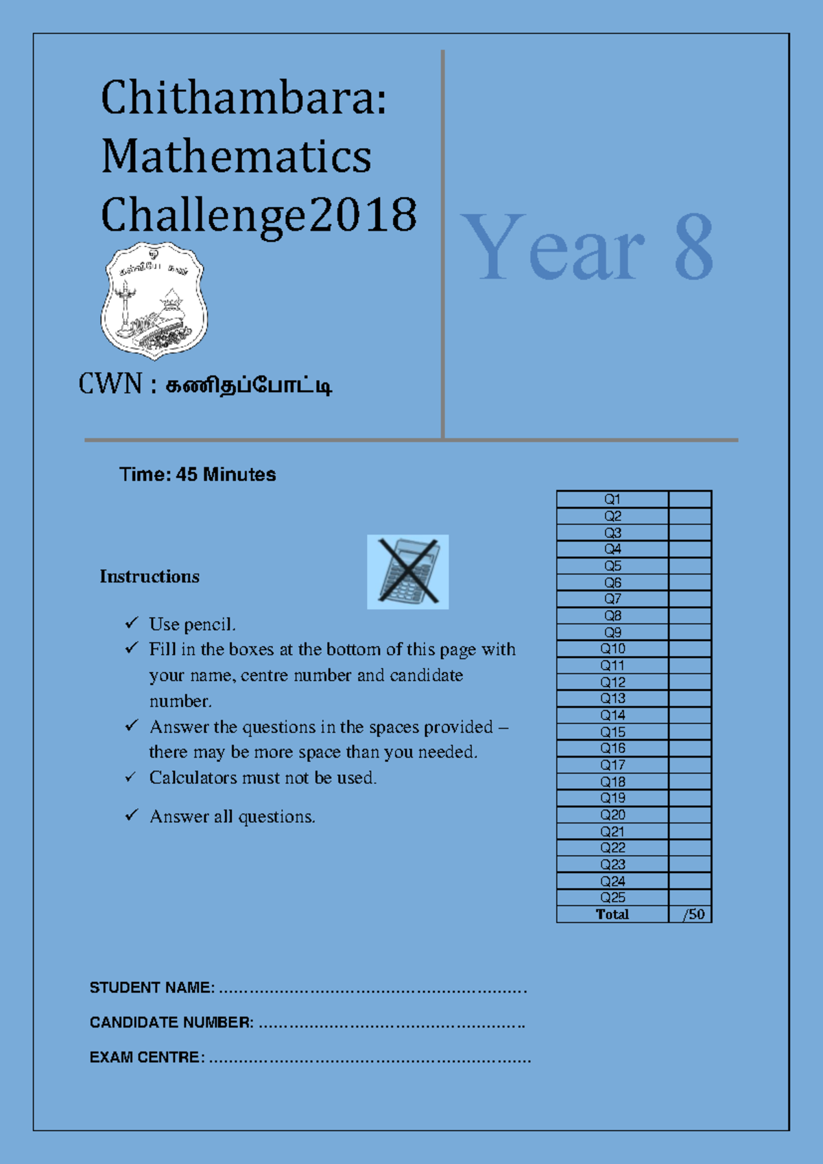 CWN - Year 8 Mathematics Challenge 2018 with Answers - Studocu