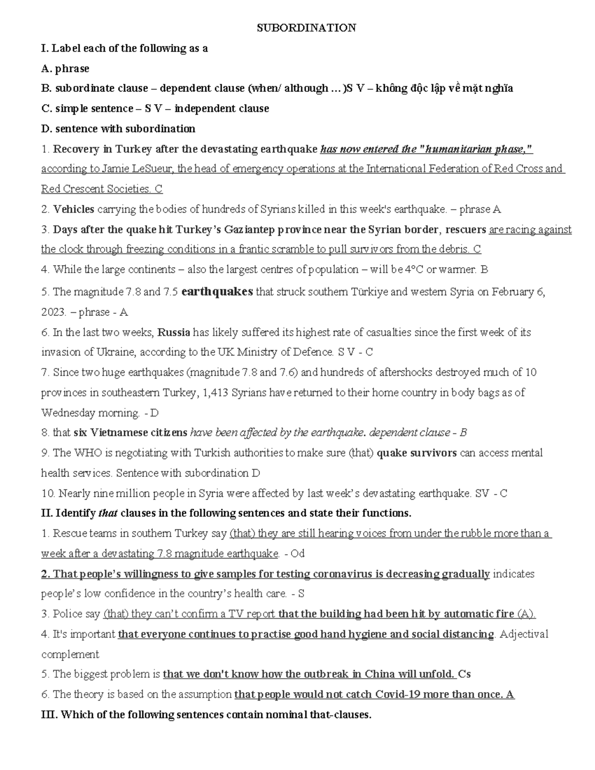 Subordination I - 2023 Lecture Notes on Clauses and Functions - Studocu