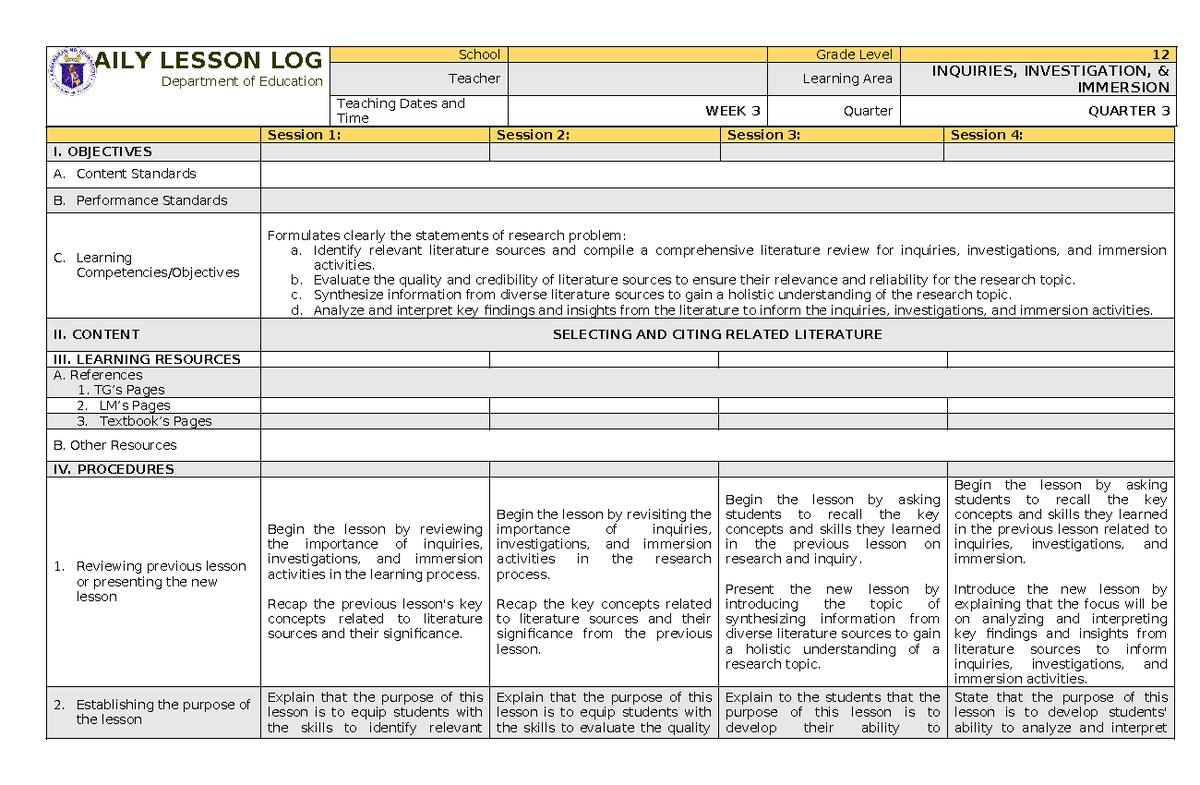 3Is Quarter 3 WEEK3 - DAILY LESSON LOG Department of Education School ...