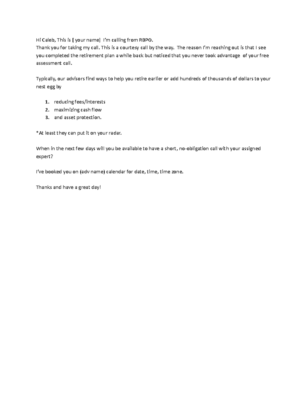 Retirement Plan Follow-Up Script: Courtesy Call Overview - Studocu