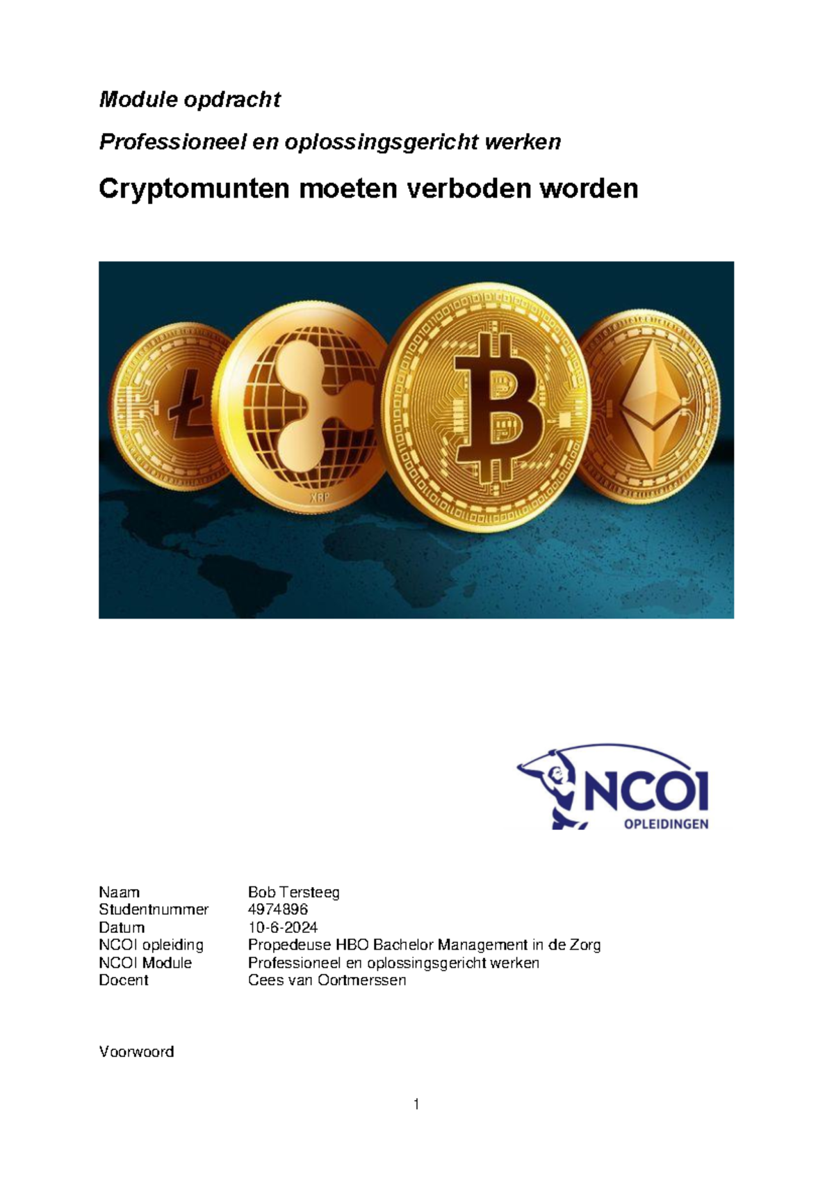 NCOI Module Professioneel en Oplossingsgericht Werken: Verbod op  Cryptomunten? - Studeersnel
