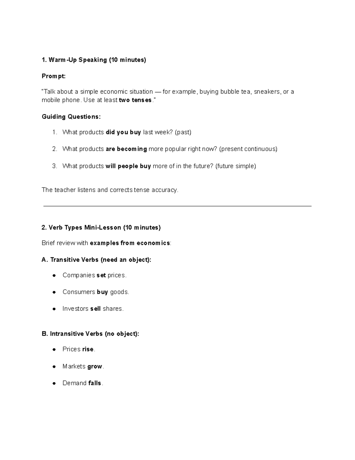 Speaking Practice: Economic Situations & Verb Types (10) - Studocu