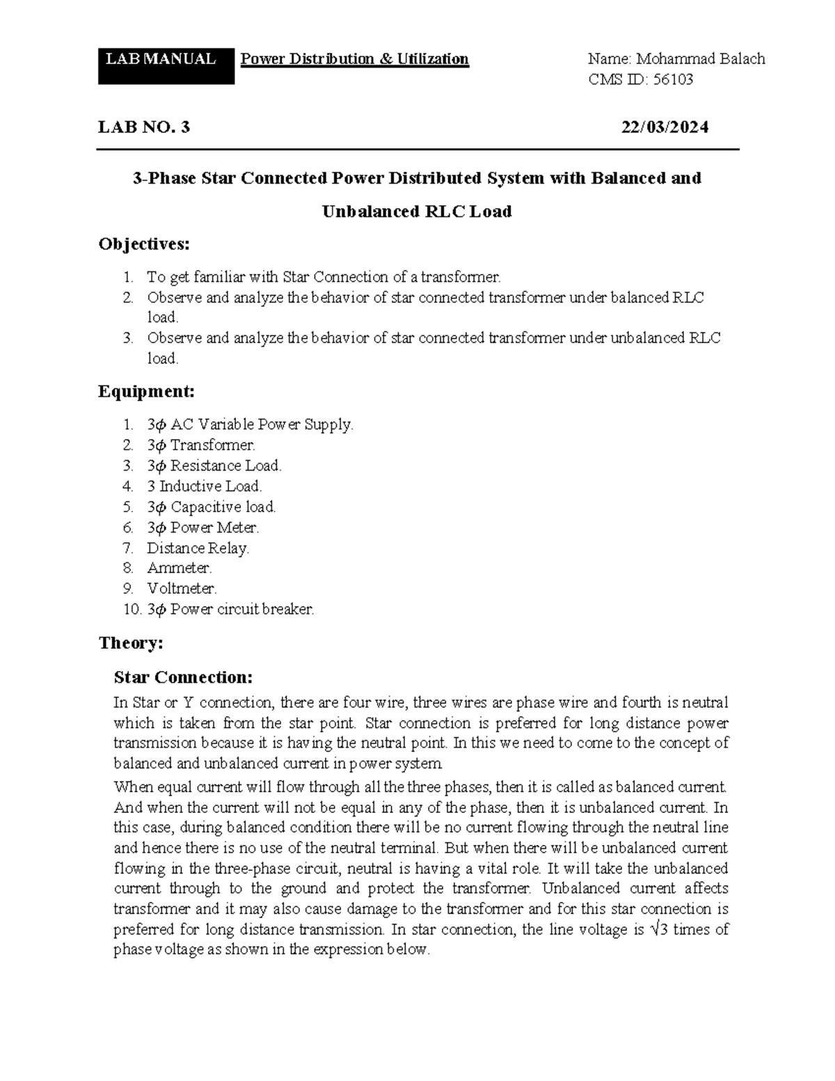 LAB 3: Analysis of Star Connected Power System with RLC Loads - Studocu