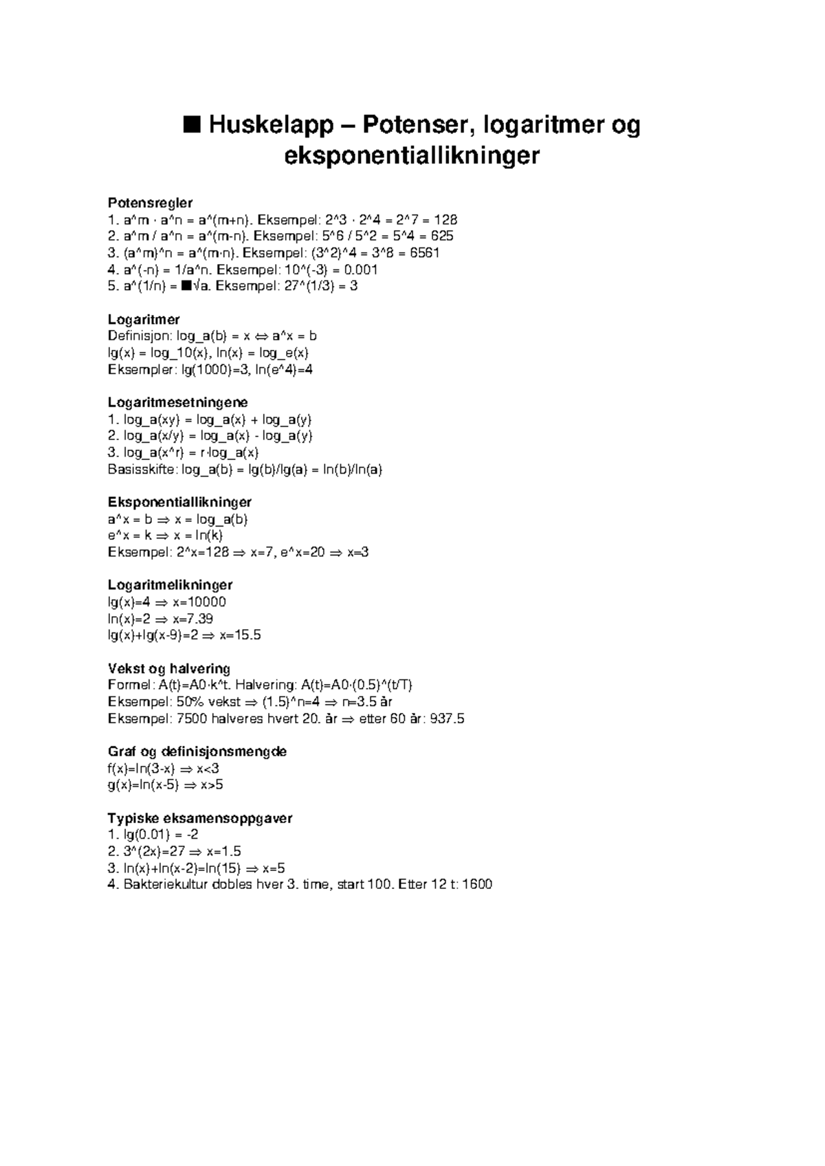 Huskelapp Logaritmer - R2 LOG - n Huskelapp – Potenser, logaritmer og ...