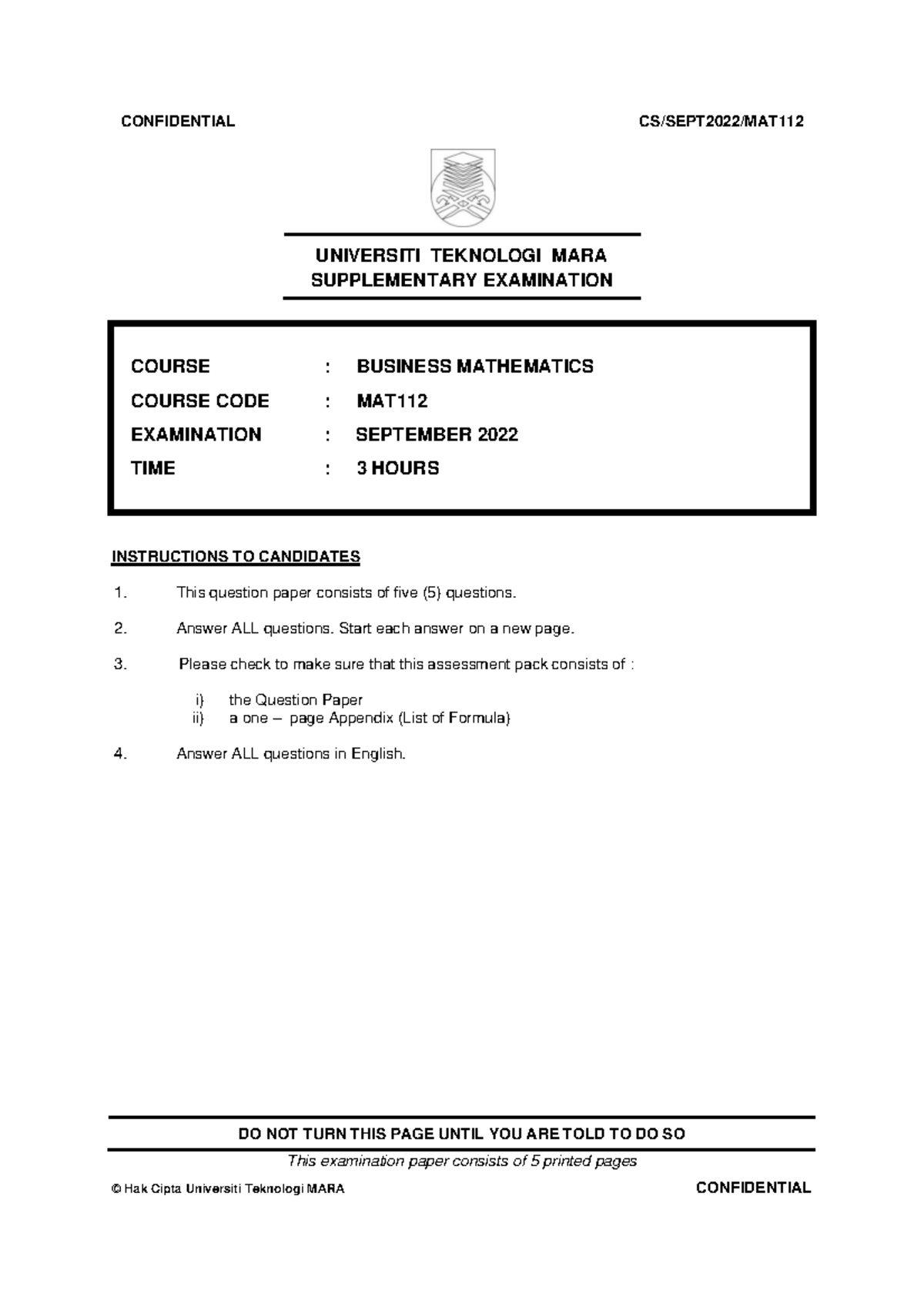 MAT112 Business Mathematics Supplementary Exam Sept 2022 Notes - Studocu