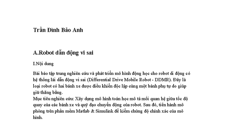 Báo cáo Nghiên cứu Mô hình Robot Dẫn Động Vi Sai và Điều Khiển DC PID - Document Preview