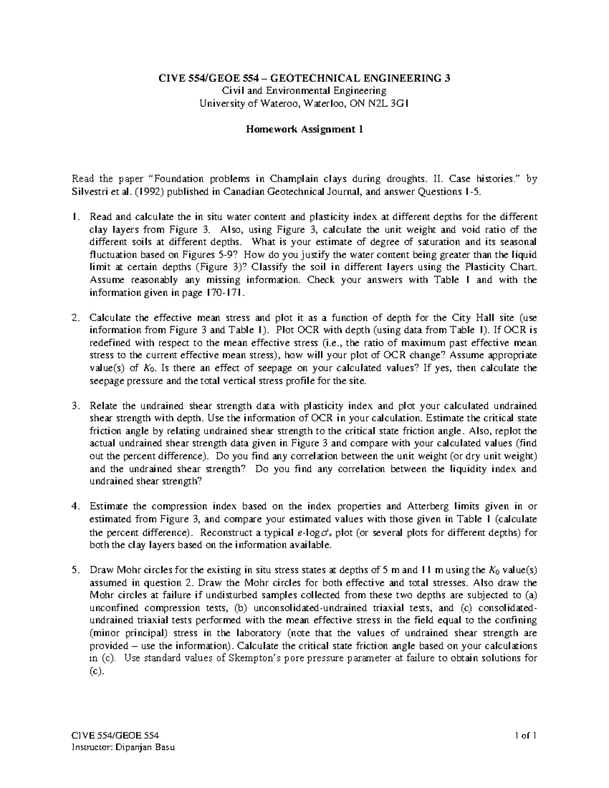 A1 - CIVE 554 - Geotechnical Engineering Assignment 1 - Studocu