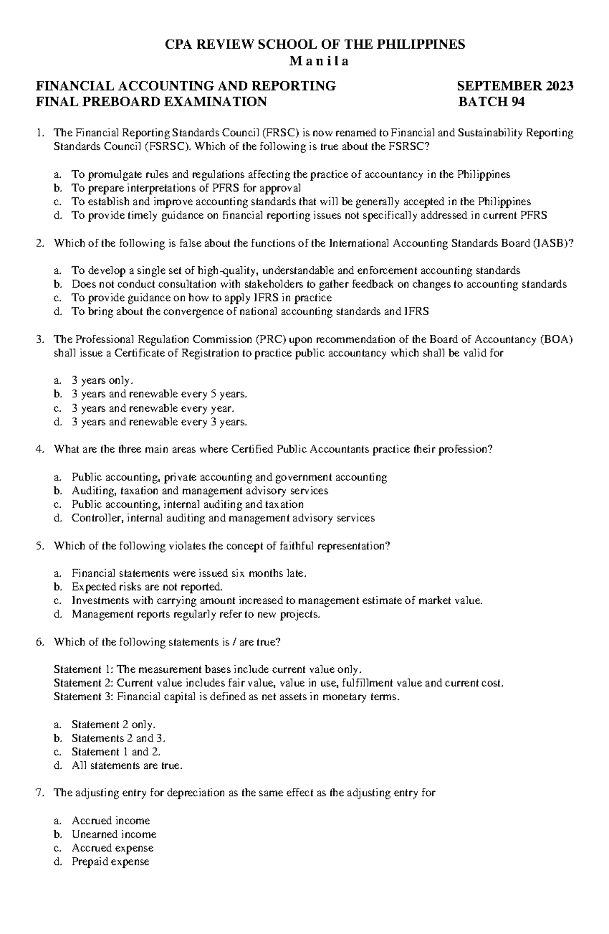 Financial Accounting & Reporting Final Preboard Exam Batch 94 - Studocu