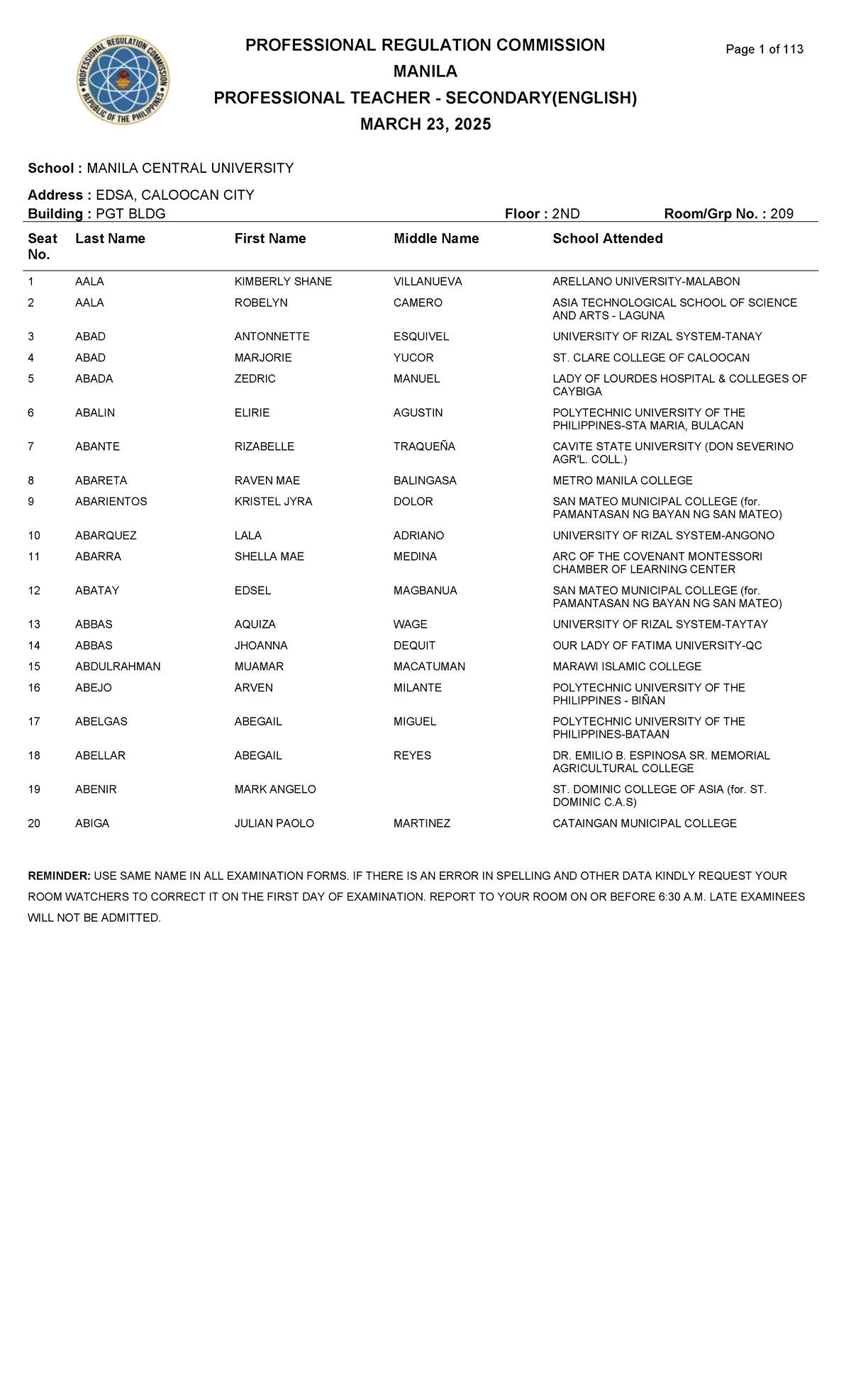 RA-113637 Professional Teacher Secondary (English) Exam Room Assignments  3-2025 - Studocu