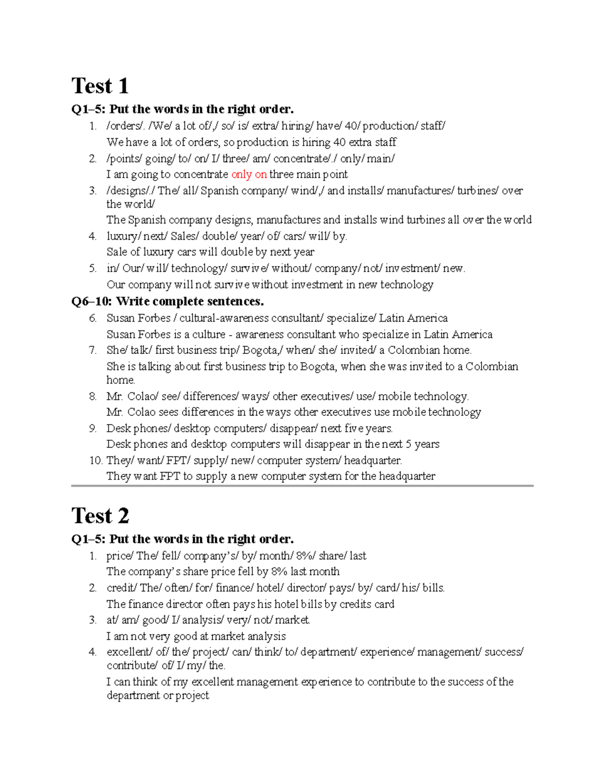 Test Series: Word Order Exercises for English Language Mastery - Studocu
