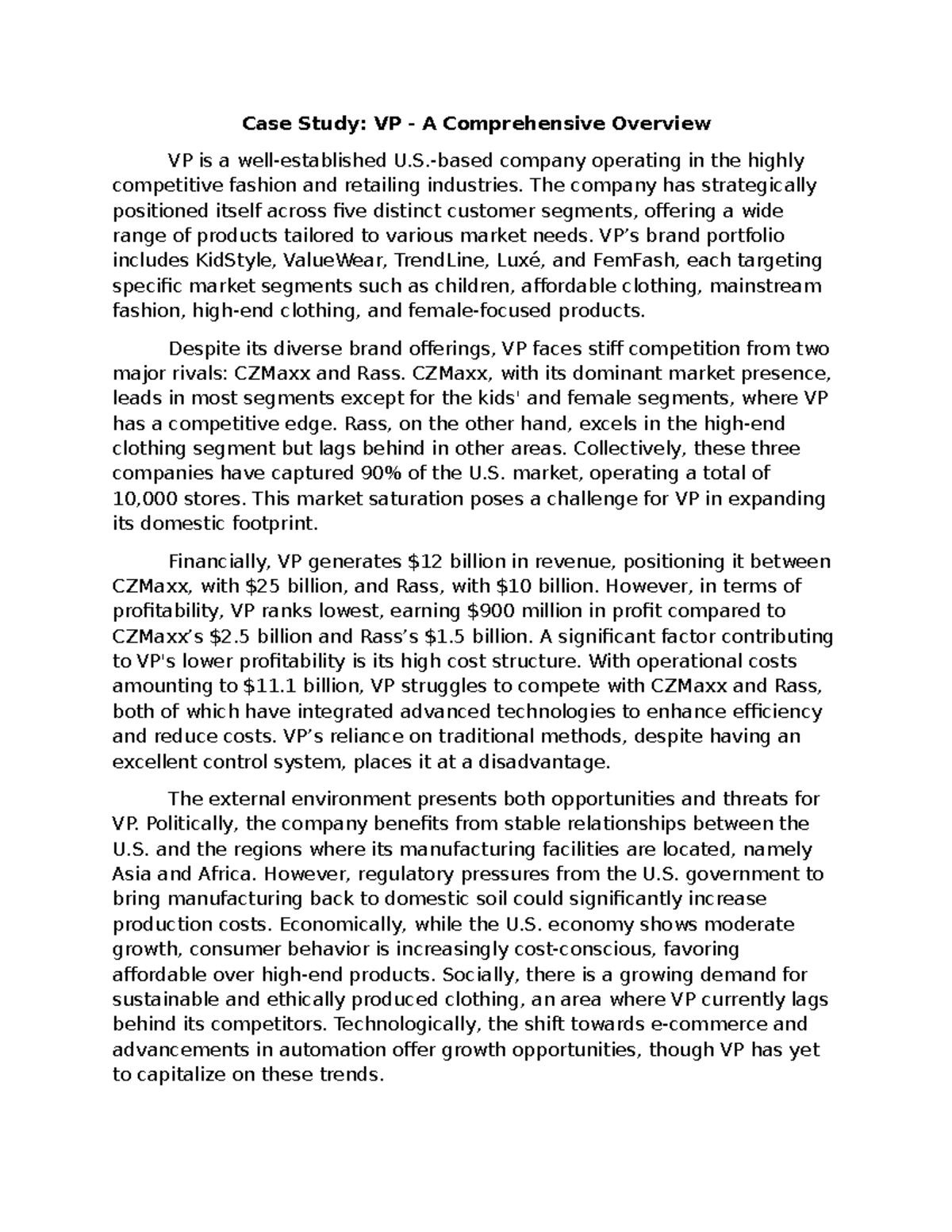 Case Study: VP's Competitive Strategy in Fashion Retailing - Studocu