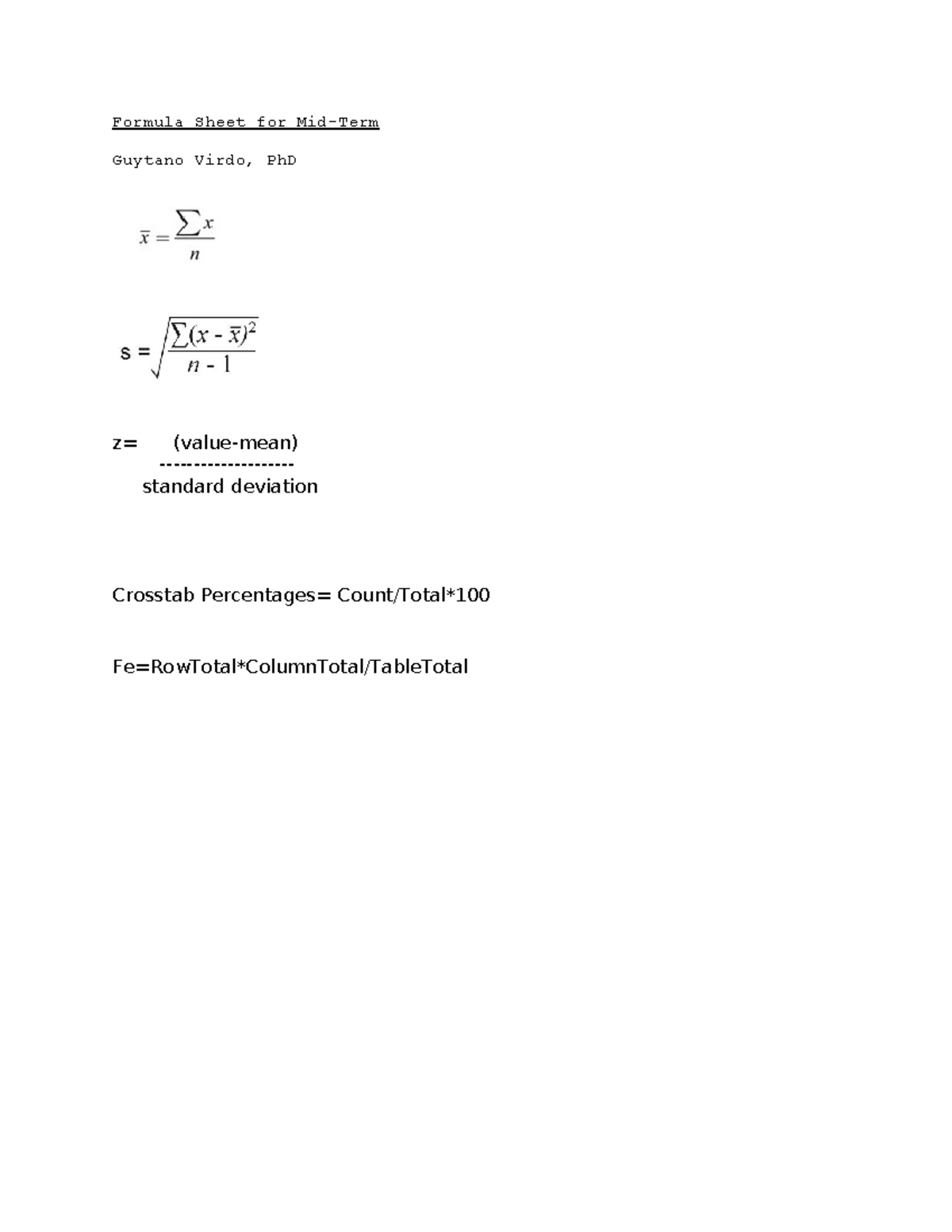 Formula Sheet for Midterm - SOCI 230 - Formula Sheet for Mid-Term ...