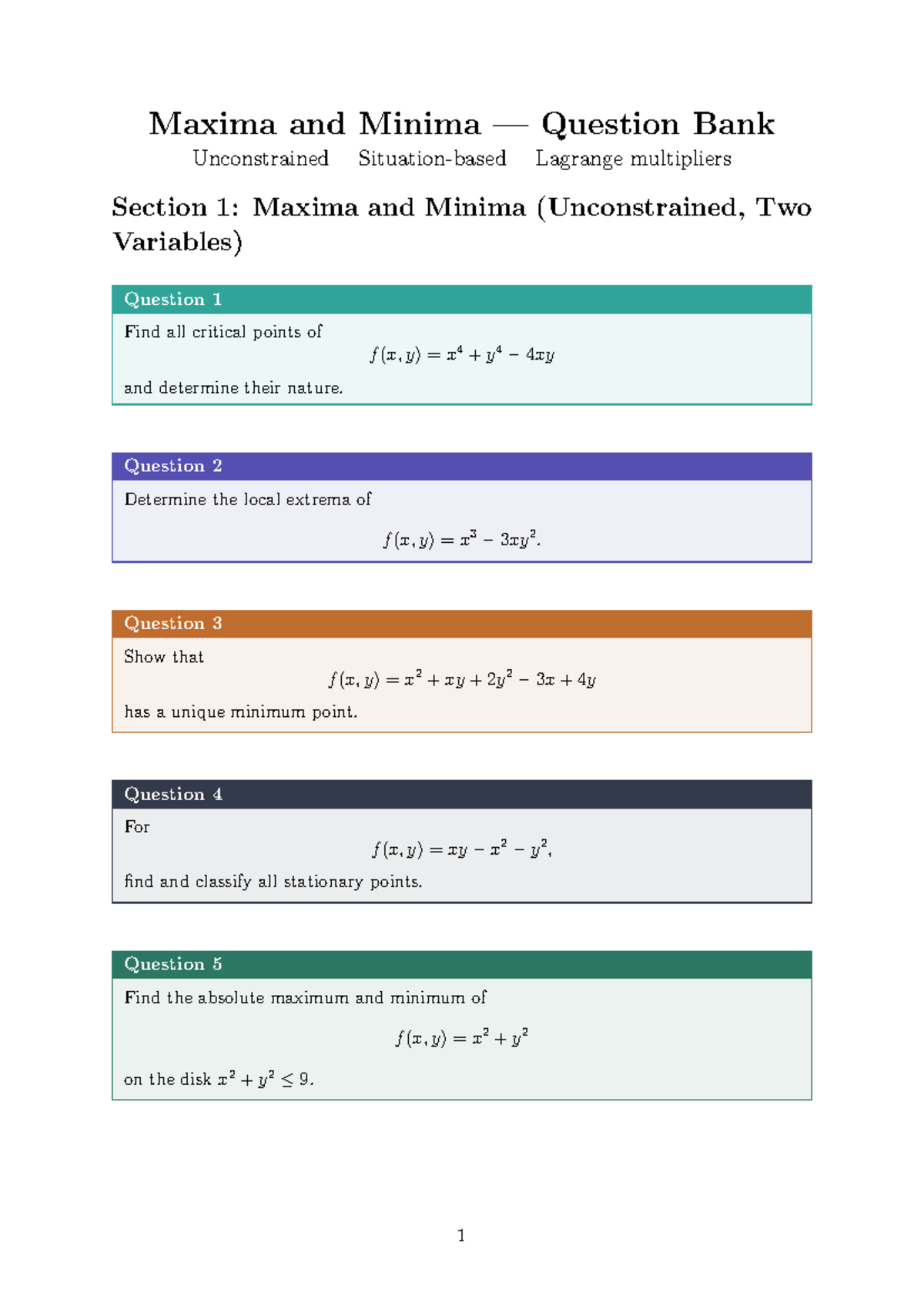 Maxima and Minima Question Bank: Unconstrained Lagrange Multipliers ...