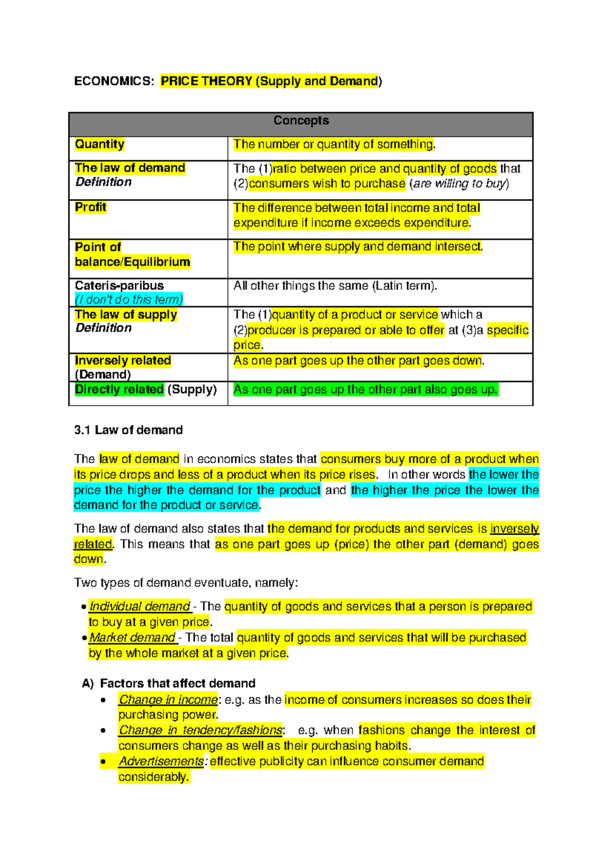 ECON 101: Overview of Supply and Demand Theory Concepts - Studocu