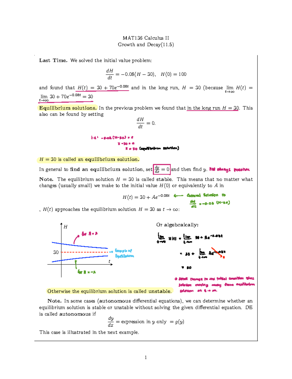 MAT136 Calculus II Lecture 13: Growth and Decay Concepts - Studocu