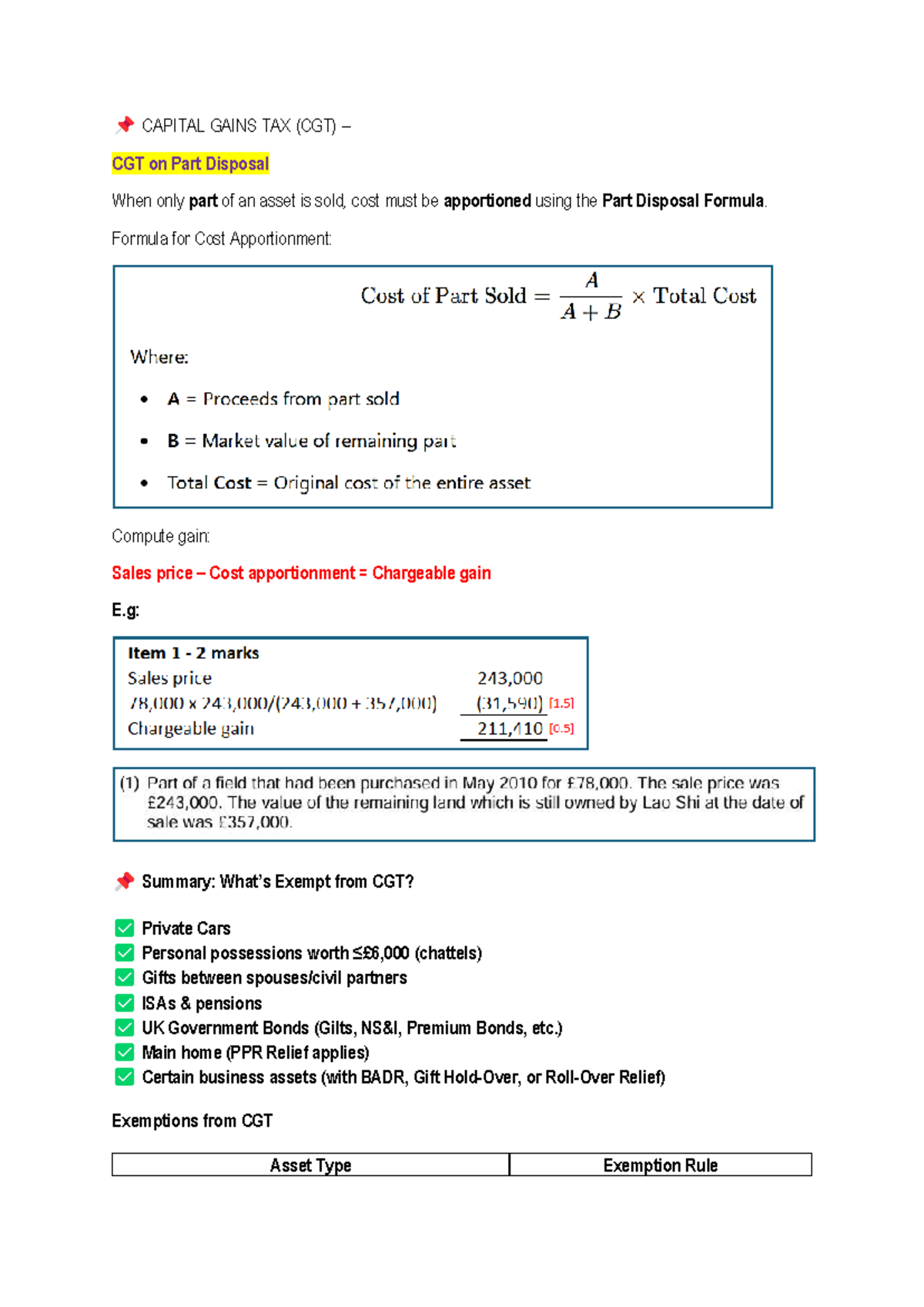 Capital Gains Tax (CGT) Summary Notes - Key Concepts & Exemptions - Studocu