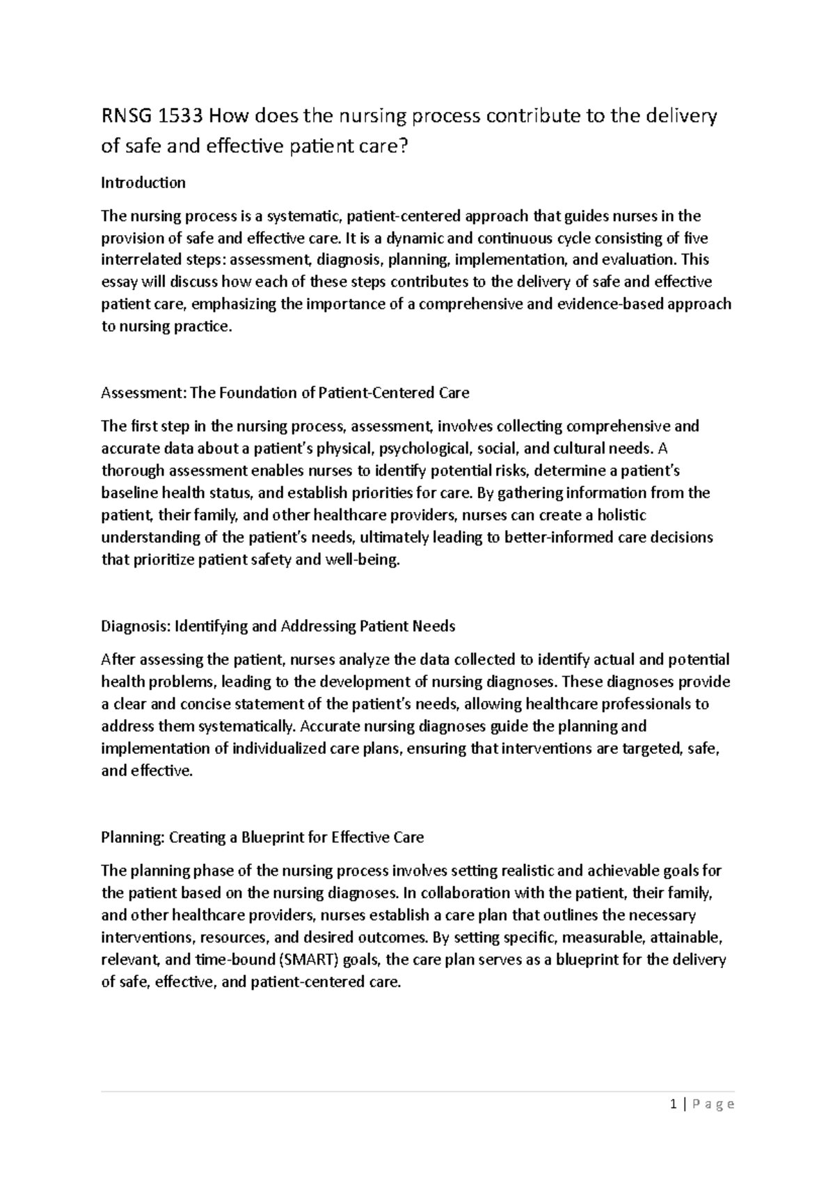 RNSG 1533 The Role of the Nursing Process in Patient Care Safety - Studocu