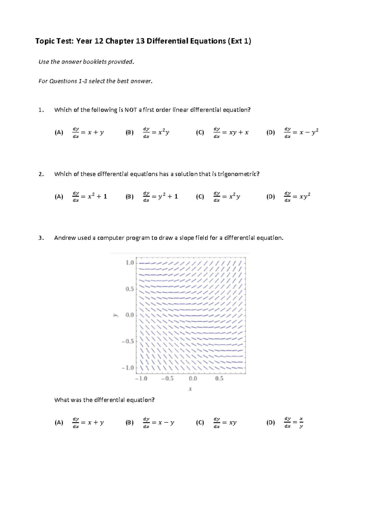 Year 12 Topic Test: Chapter 13 Differential Equations (Ext 1) - Studocu