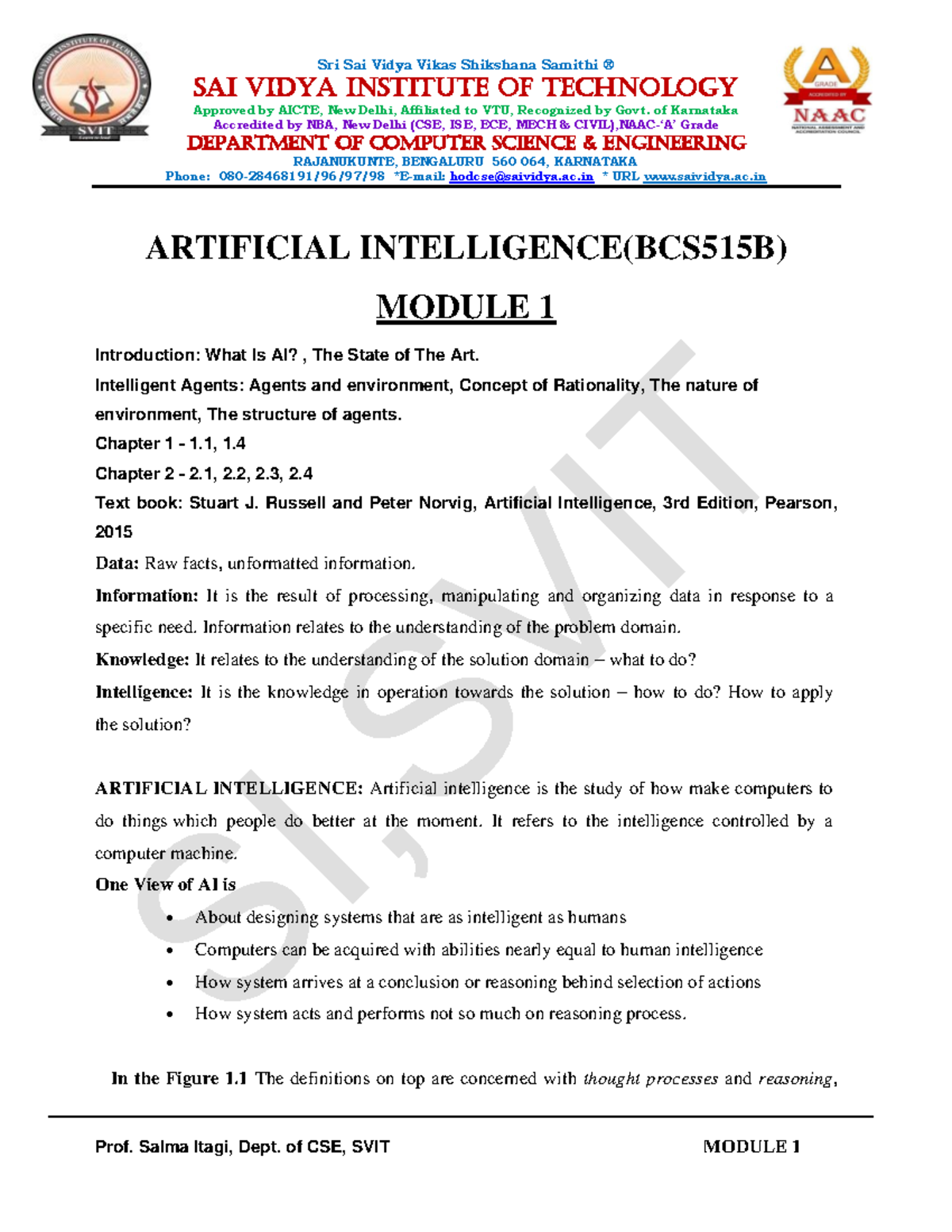 AI (BCS515B) Module 1: Introduction to Artificial Intelligence Concepts ...