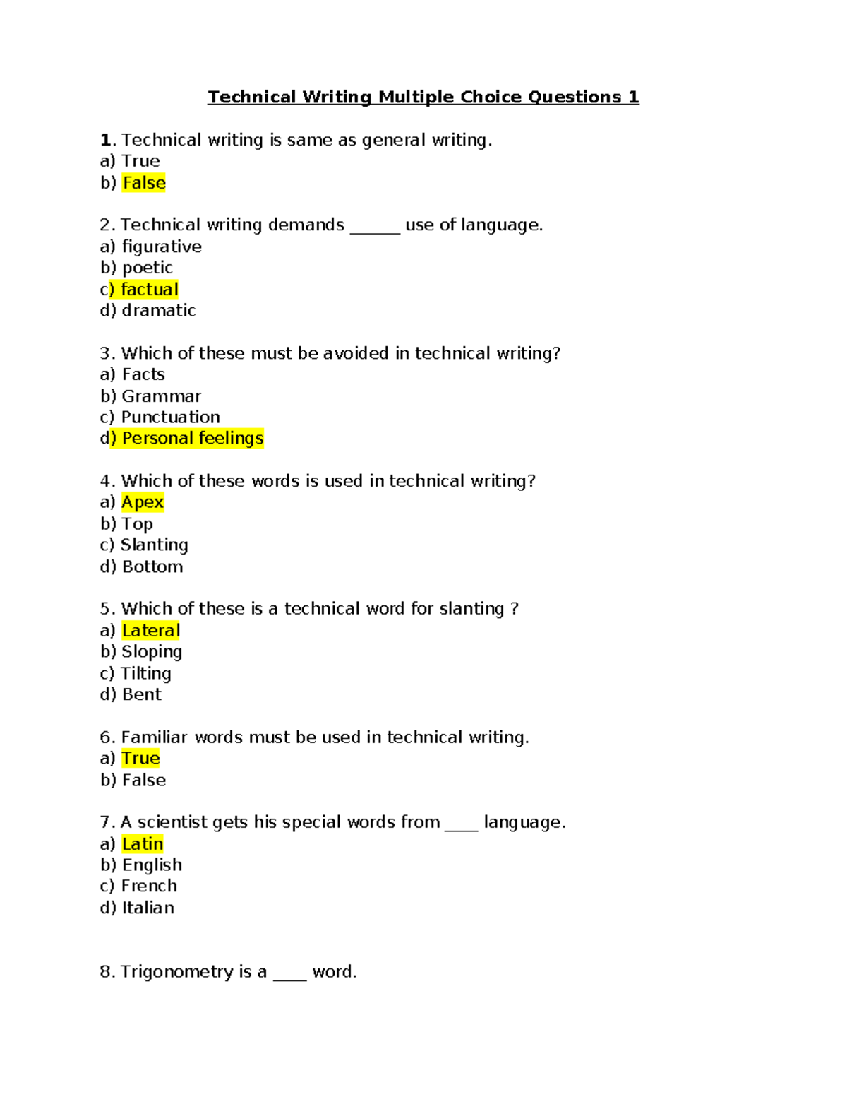 Technical Writing MCQ 2024w2: Comprehensive Question Set - Studocu