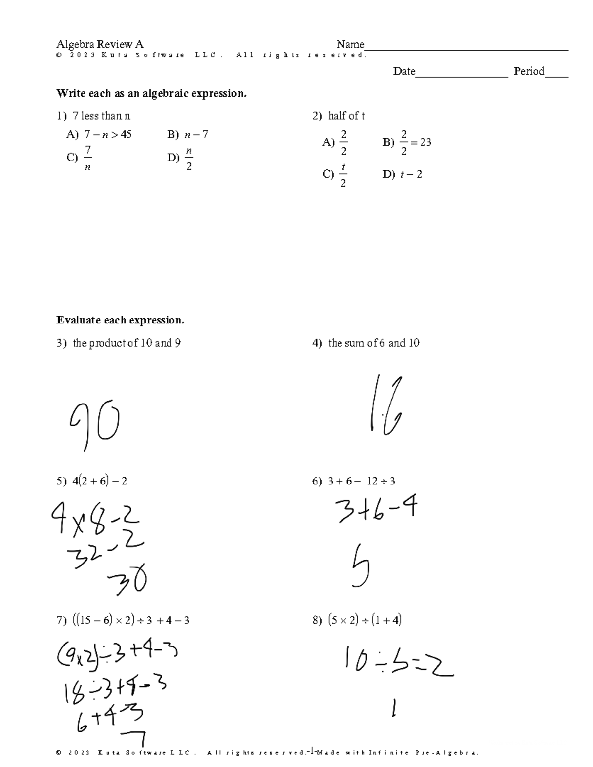 Algebra Review A - Worksheet by Kuta Software (Final Exam) - Studocu