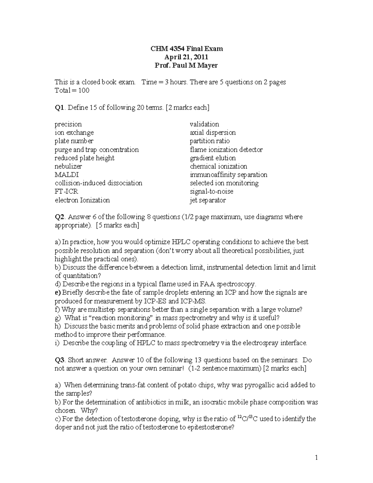CHM 4354 Final Exam Study Guide - Prof. Paul M. Mayer - Studocu