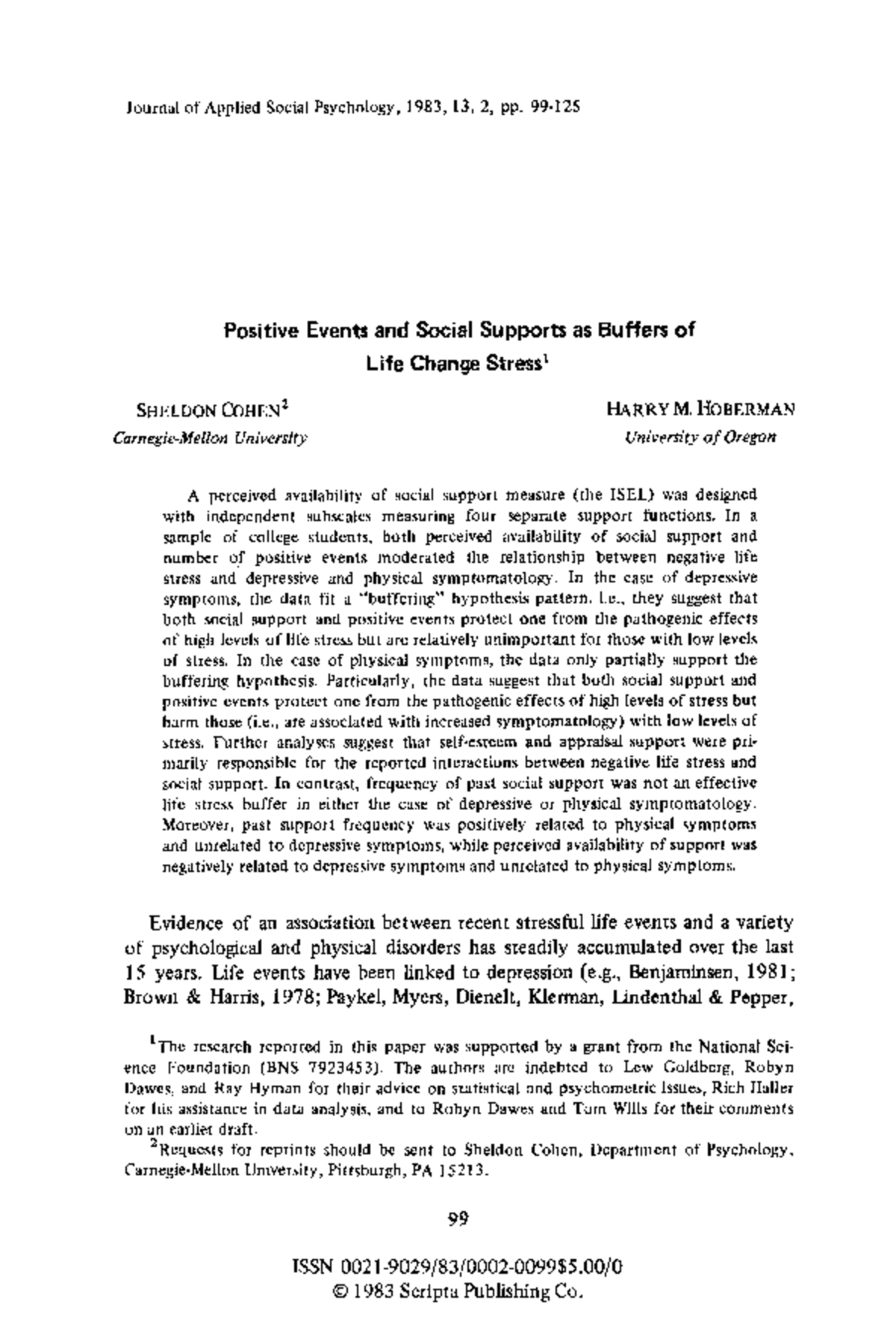 Cohen 1983 - Study Notes on Social Support & Life Stress Buffering ...