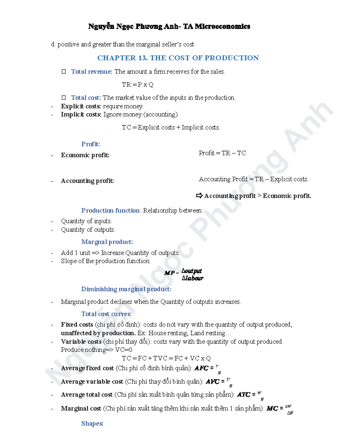 TA Micro Final Exam Notes: Focus on Chapter 13 - Cost of Production ...