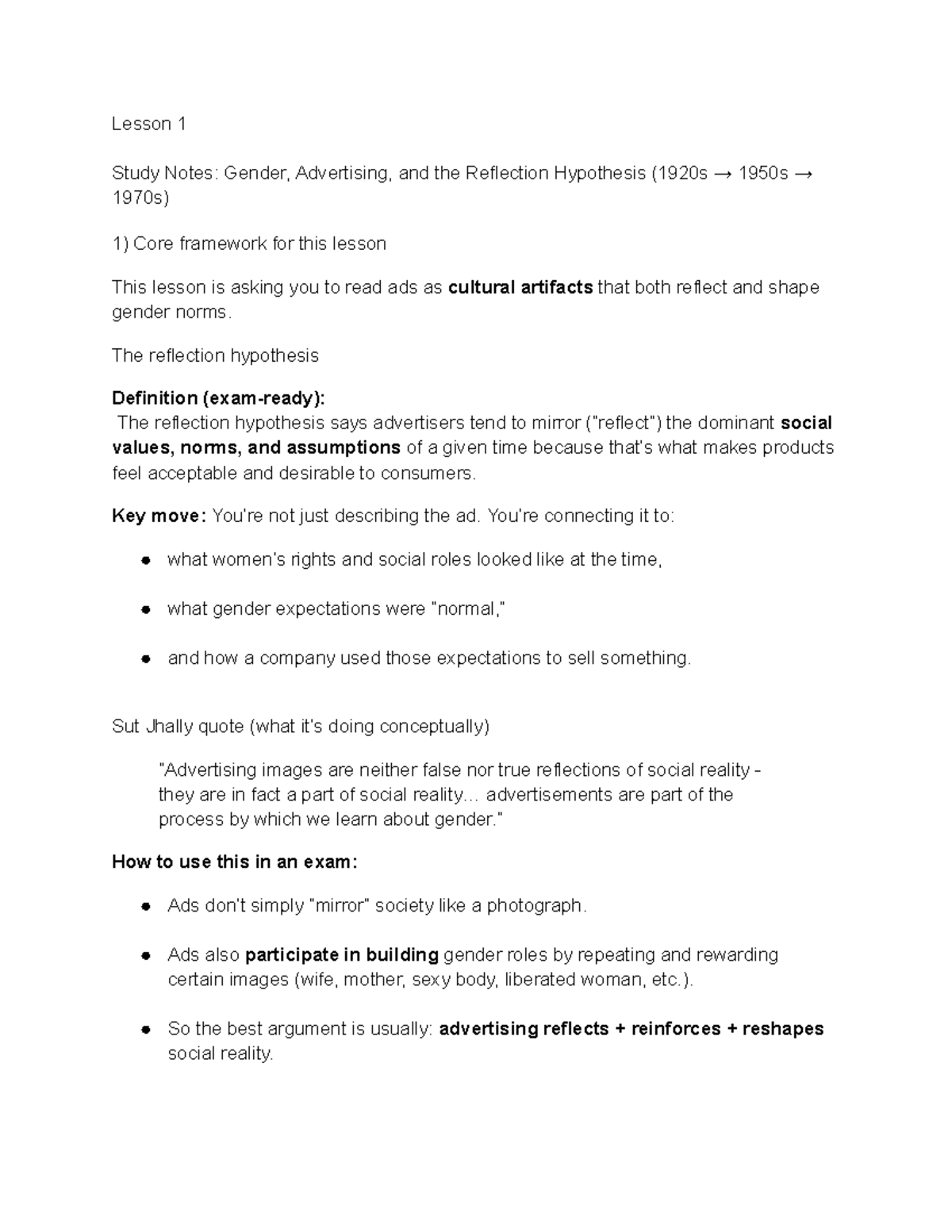 GSWS 2161B Lesson 1 Study Notes: Gender, Advertising, and Reflection ...