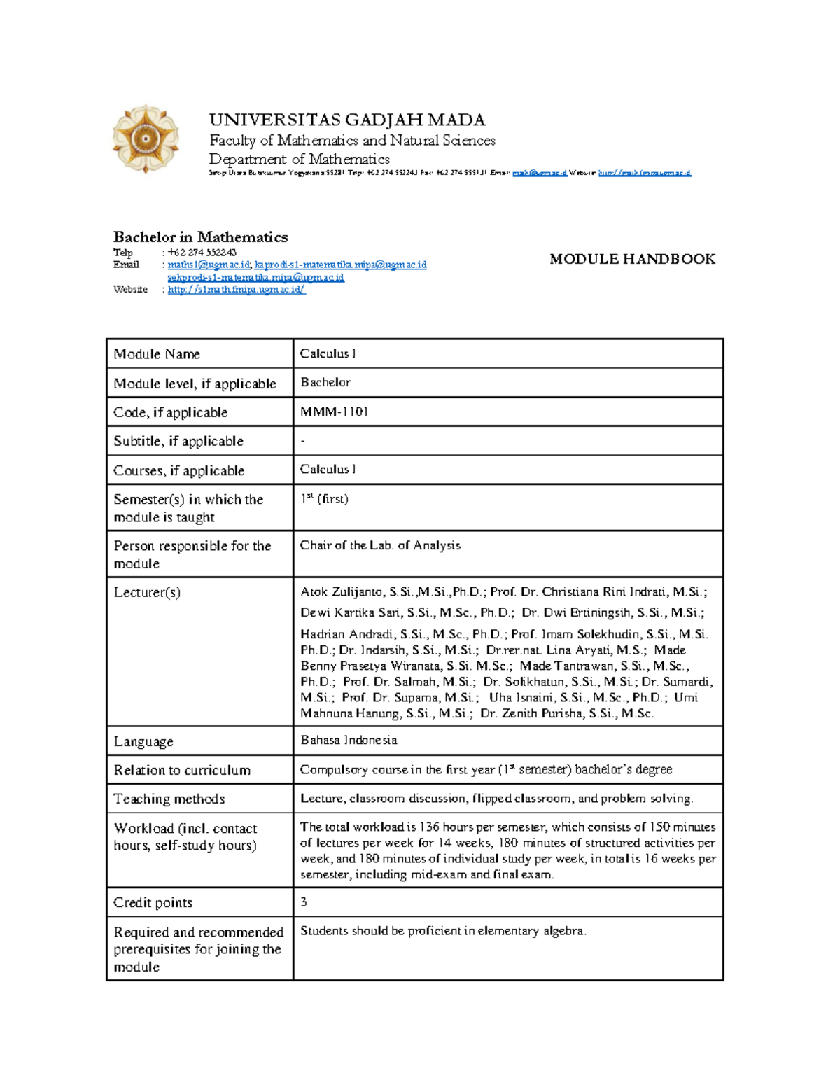 Module Handbook for MMM- S1 Calculus I: Overview and Objectives - Studocu
