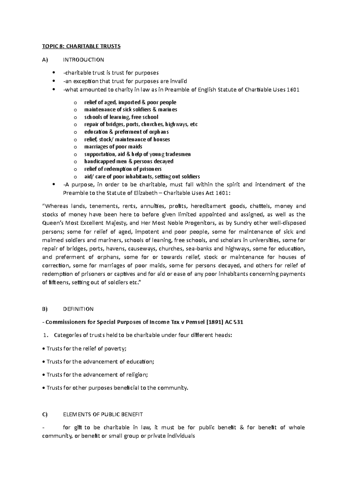 Topic 8: Charitable Trusts - Key Concepts and Legal Precedents - Studocu