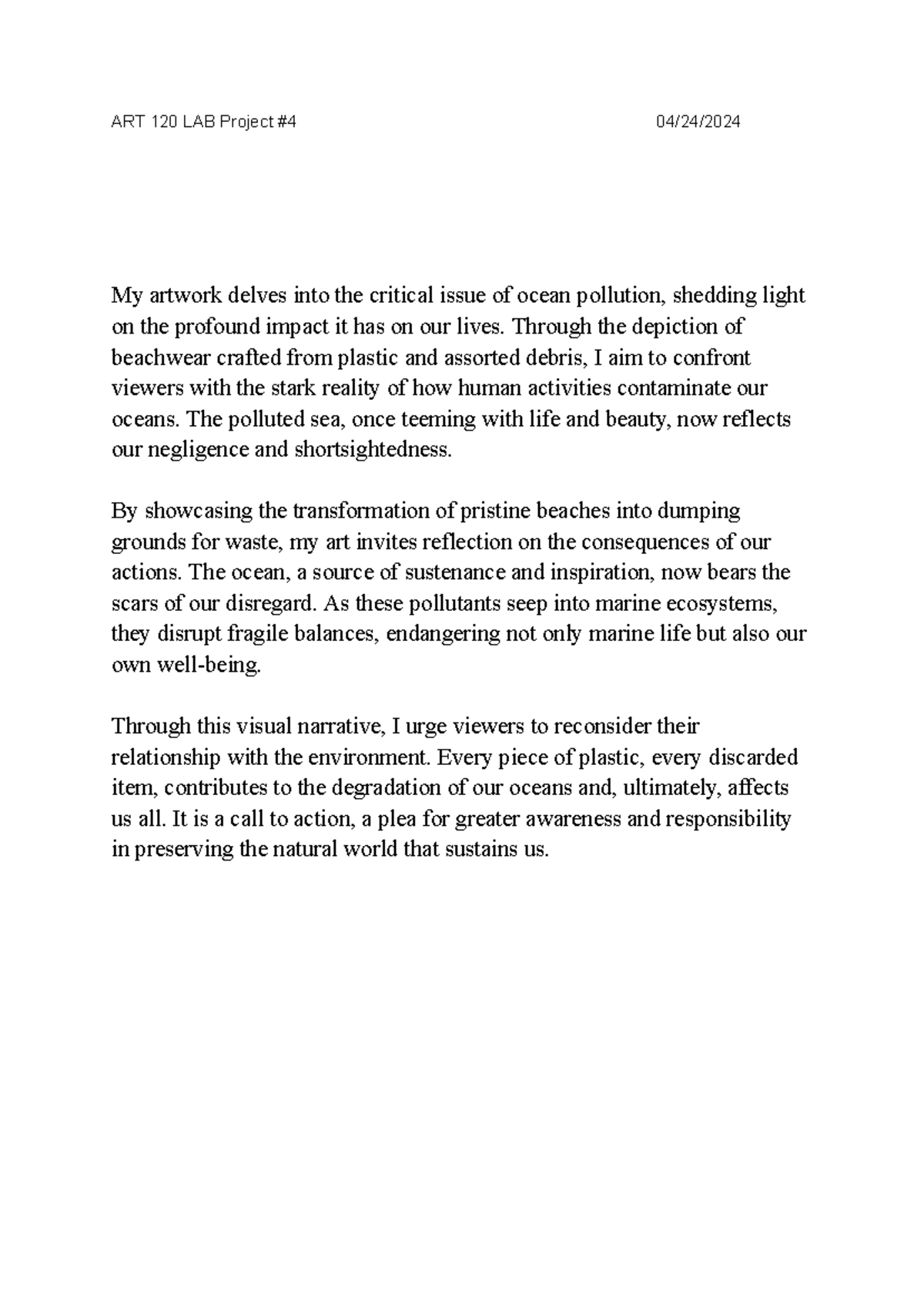 ART 120 LAB Project #4 - Writing assignment for the class. - ART 120 ...