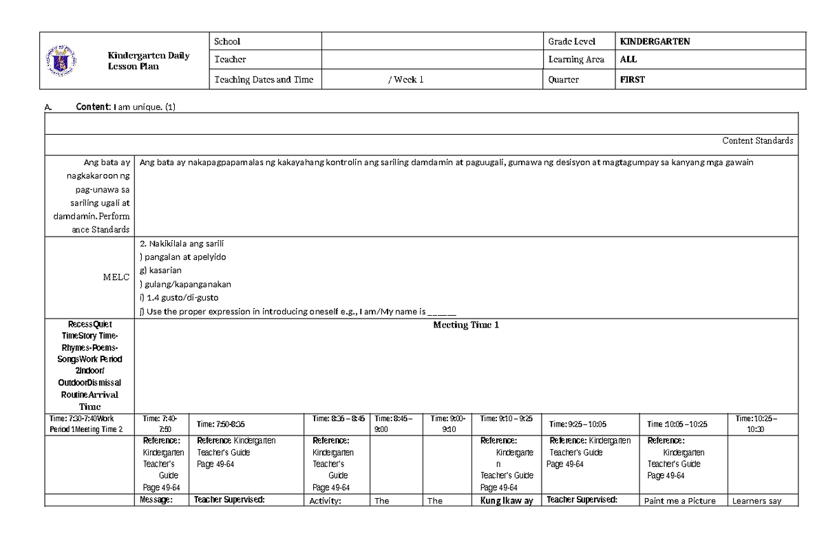 Kindergarten Lesson Plan Week 1: Daily Activities and Routines - Studocu