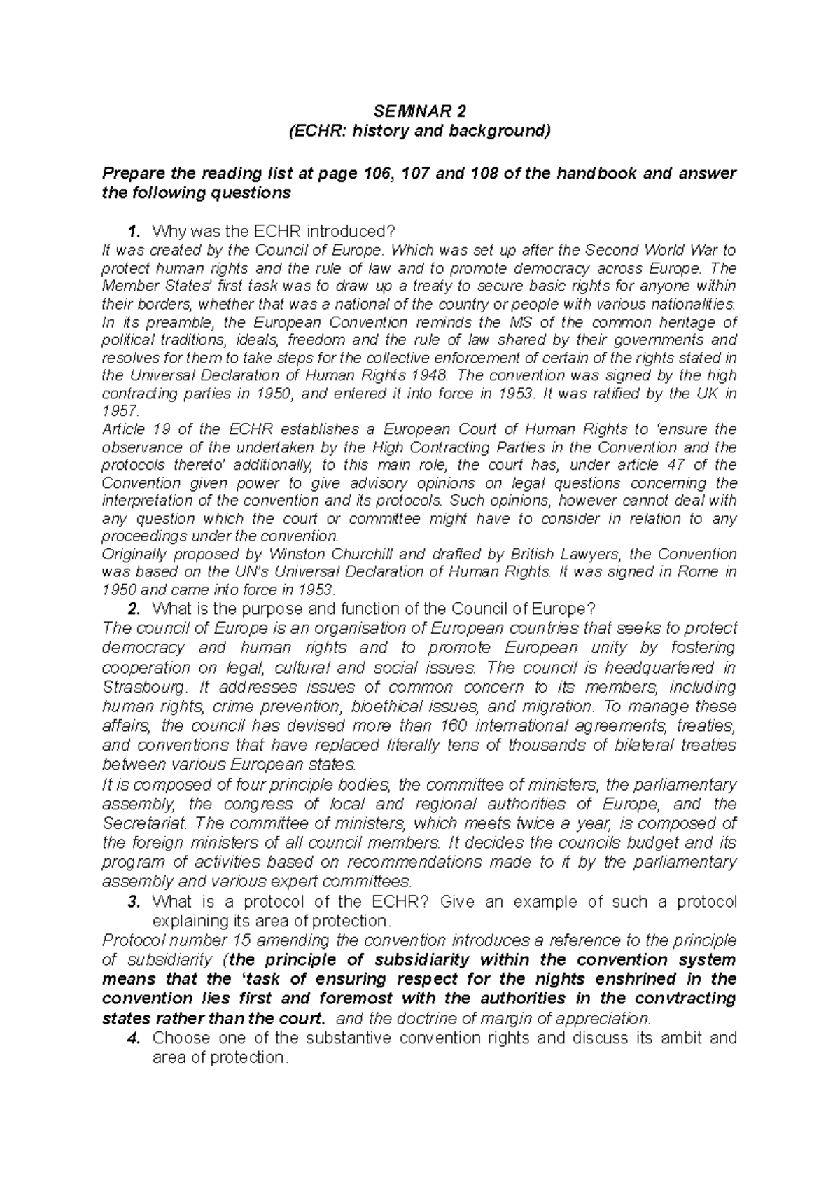 Human Rights Seminar 2 - SEMINAR 2 (ECHR: history and background ...